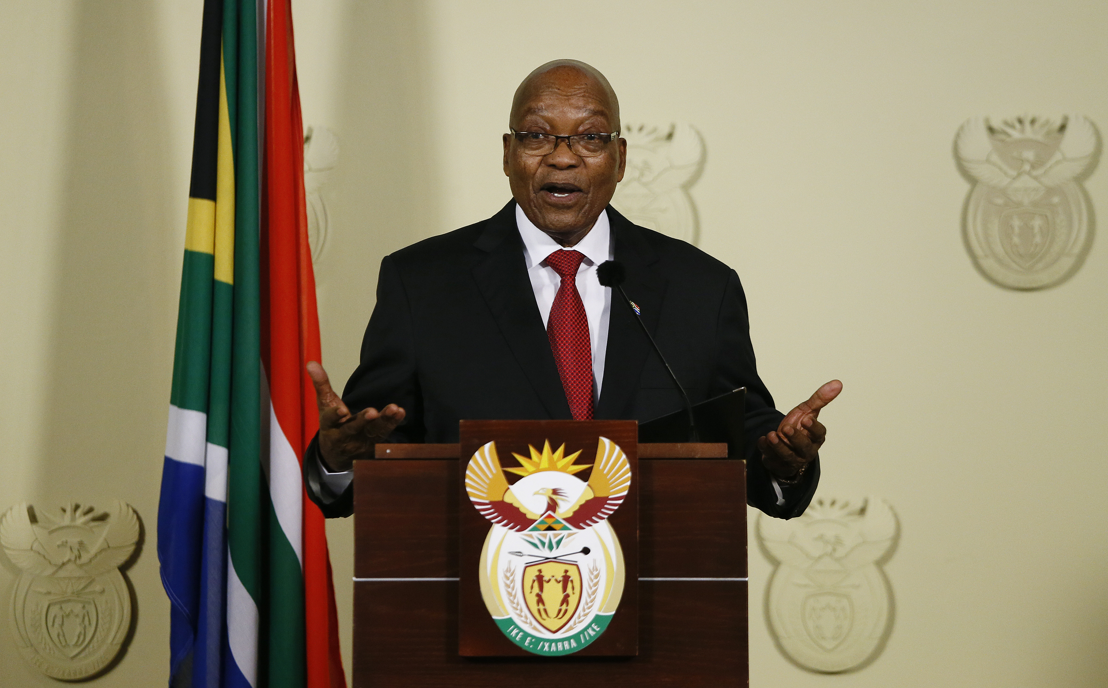 President of South Africa Jacob Zuma addresses the nation at the Union Buildings in Pretoria on February 14, 2018. (PHILL MAGAKOE&mdash;AFP/Getty Images)