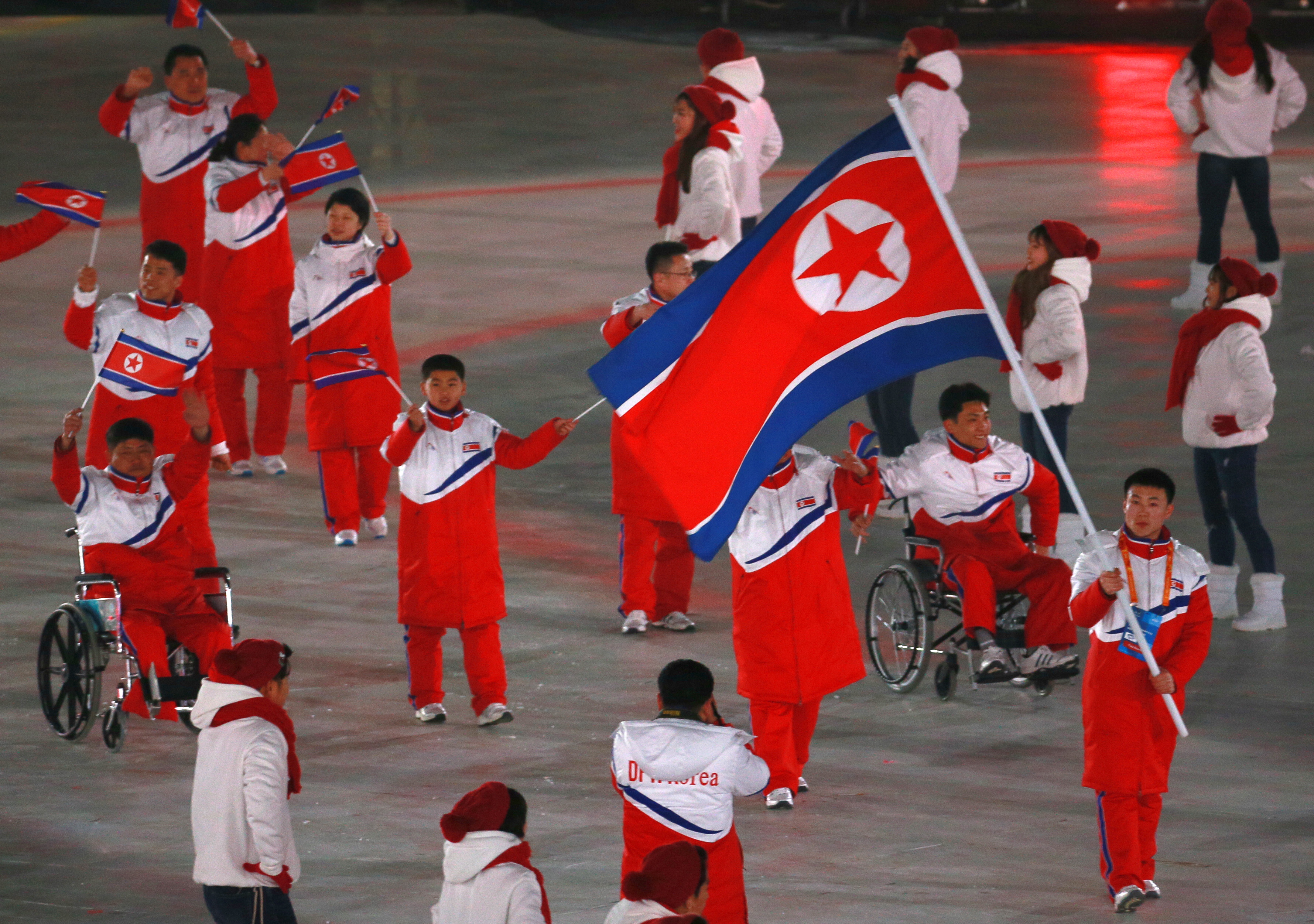 Members of the North Korean national team during the parade of athletes at the Opening Ceremony of the 2018 Winter Paralympic Games at PyeongChang Olympic Stadium (Vladimir Smirnov –Vladimir Smirnov/TASS)