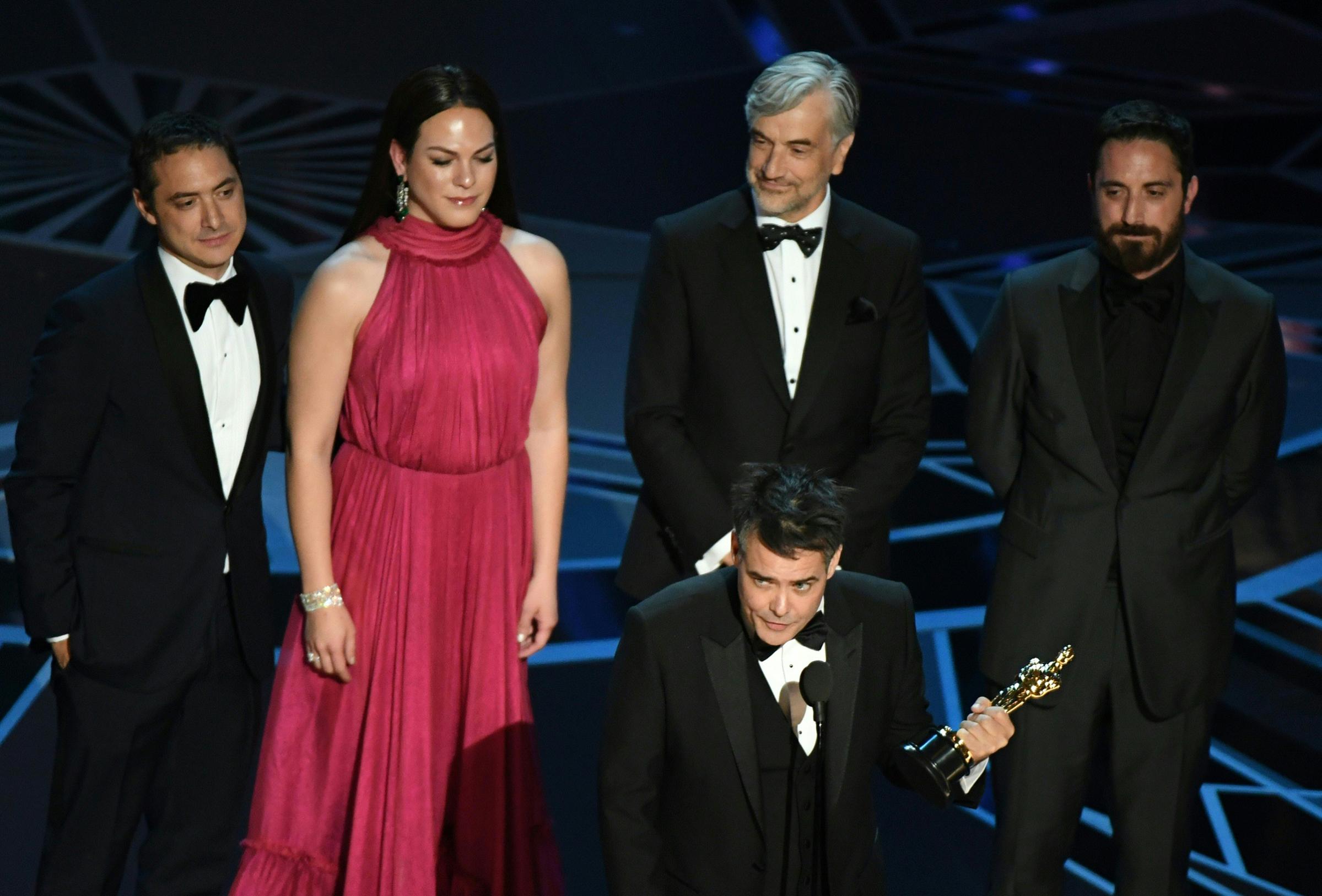 Chilean director Sebastian Lelio delivers a speech after he won the Oscar for Best Foreign Language Film for "A Fantastic Woman" during the 90th Annual Academy Awards show on March 4, 2018 in Hollywood.