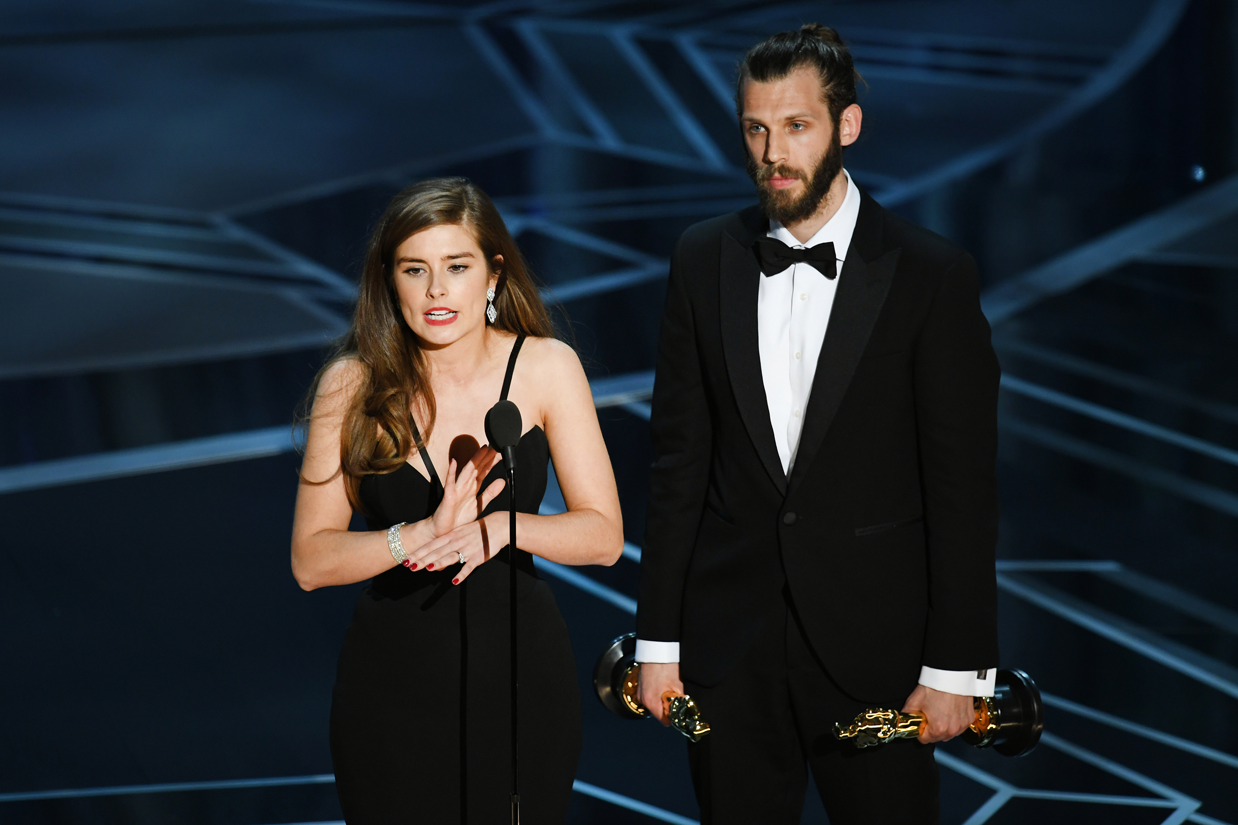 Filmmakers Rachel Shenton (L) and Chris Overton accept Best Live Action Short Film for 'The Silent Child' onstage during the 90th Annual Academy Awards at the Dolby Theatre at Hollywood &amp; Highland Center on March 4, 2018 in Hollywood. (Kevin Winter—Getty Images)