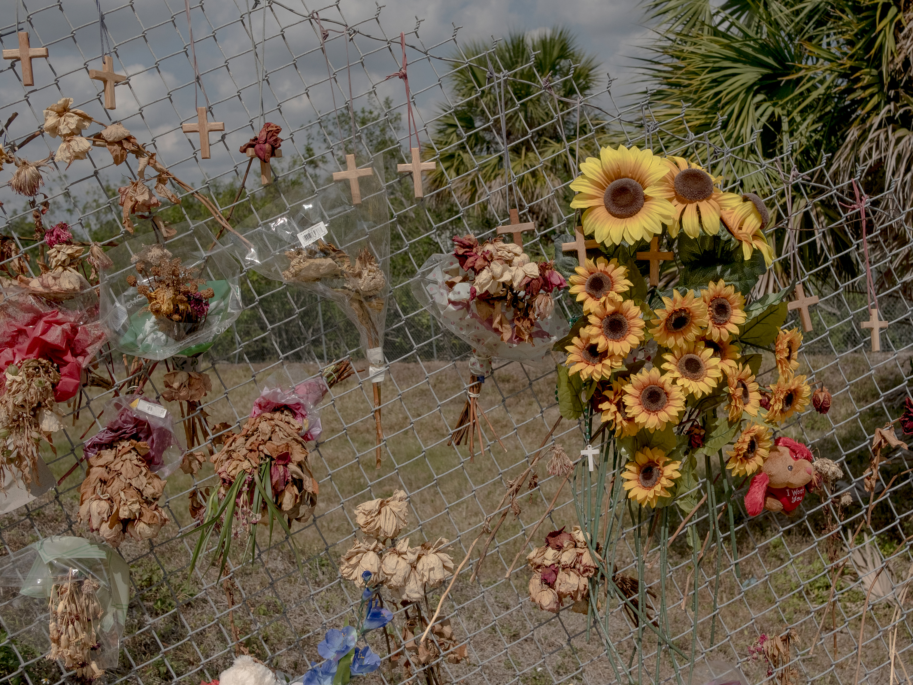 Three weeks later, the crosses still hung and fresh flowers had been added to the dead ones. (Gabriella Demczuk for TIME)