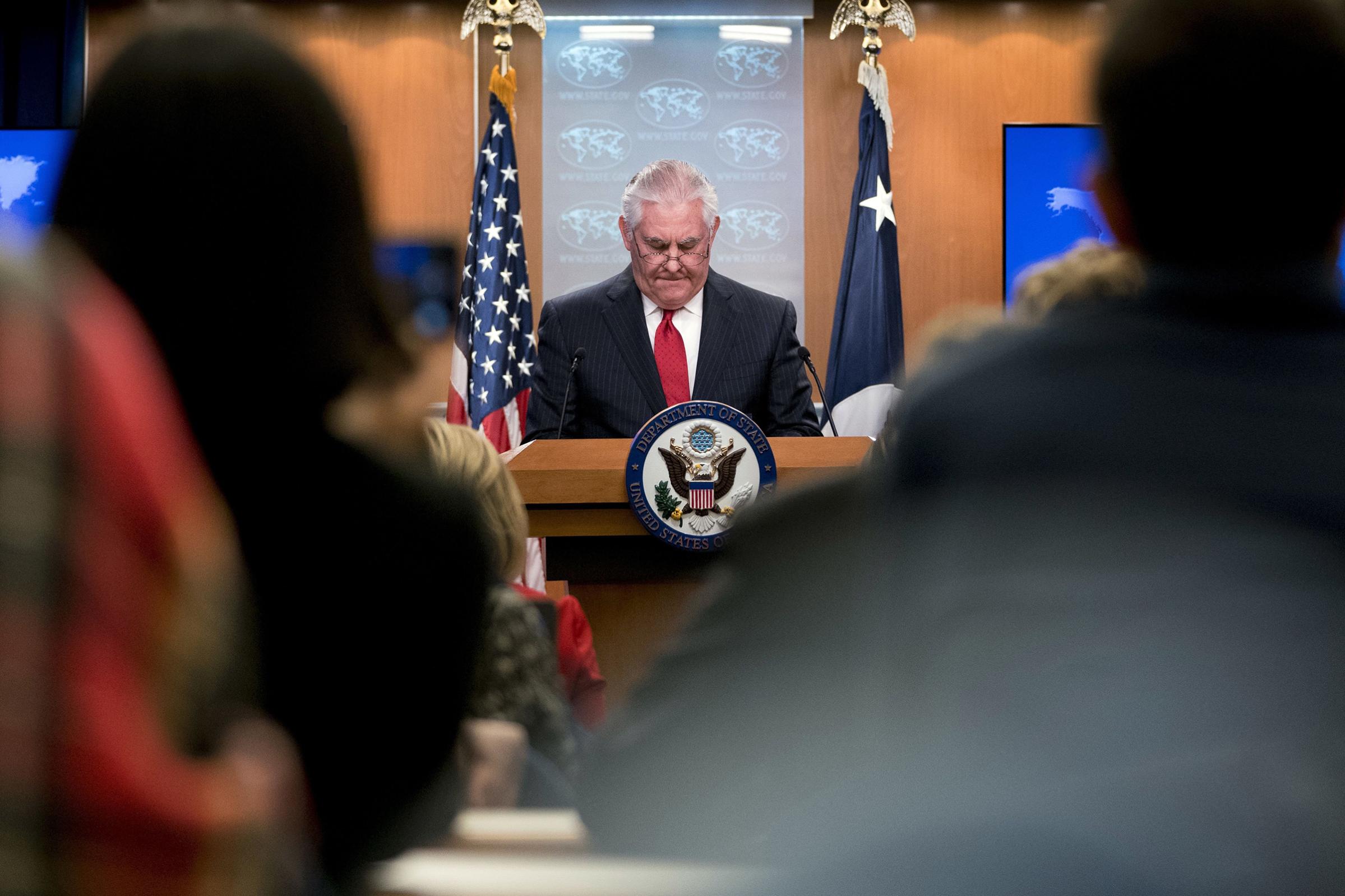 Secretary of State Rex Tillerson pauses while speaking at the State Department in Washington, on March 13, 2018.