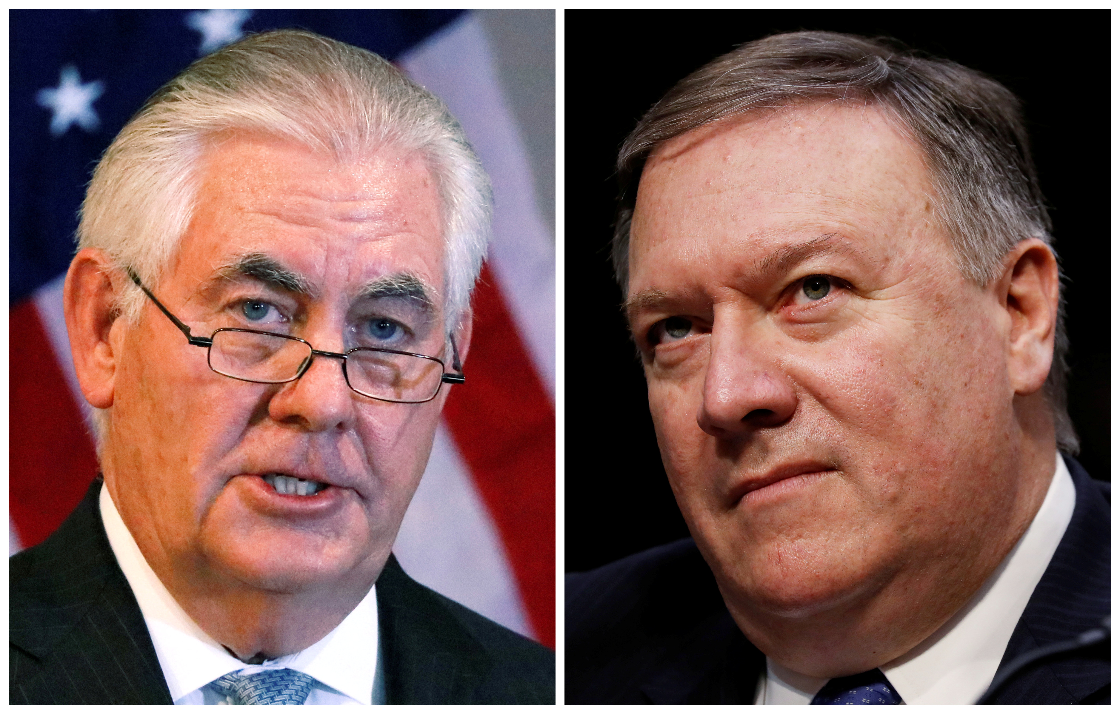 A combination photo shows U.S. Secretary of State Rex Tillerson (L) in Addis Ababa, Ethiopia, March 8, 2018, and CIA Director Mike Pompeo on Capitol Hill in Washington, DC, Feb. 13, 2018 respectively. (Reuters)