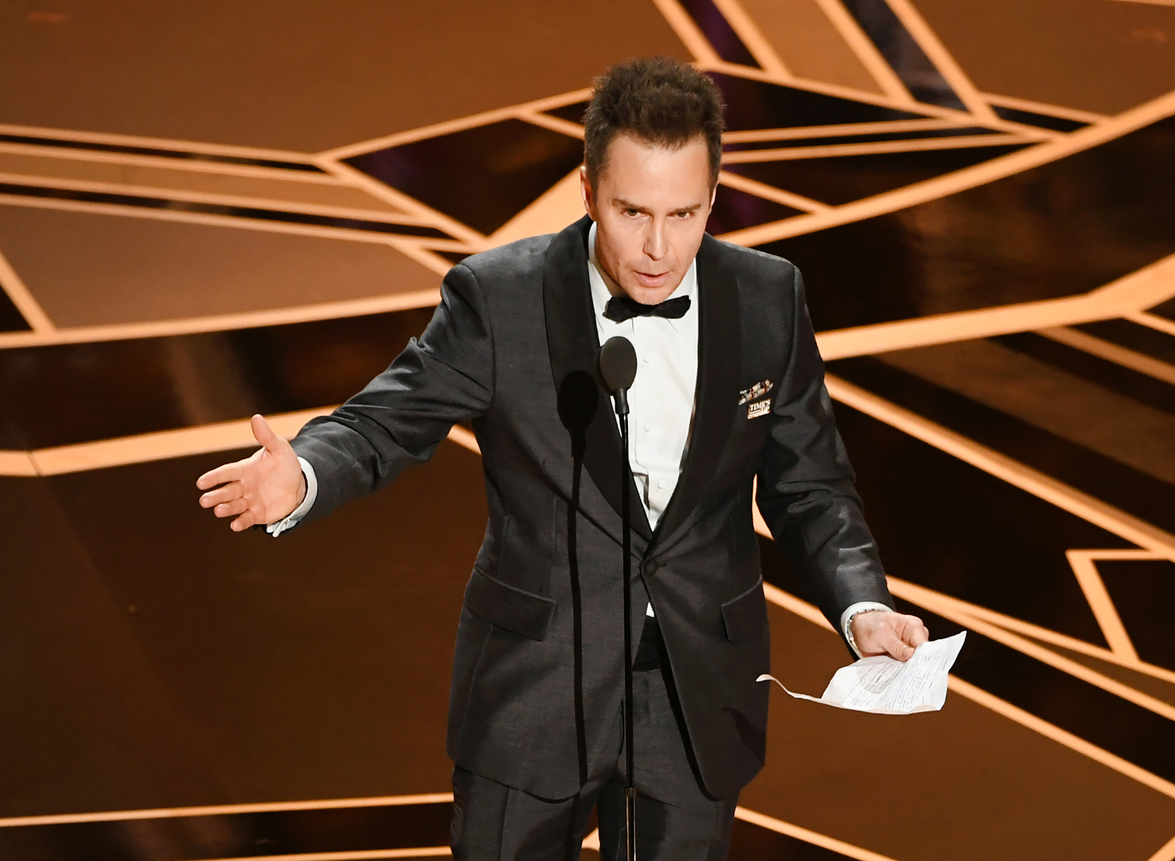 Actor Sam Rockwell accepts Best Suppoorting Actor for 'Three Billboards Outside Ebbing, Missouri' onstage at the 90th Annual Academy Awards at the Dolby Theatre at Hollywood &amp; Highland Center on March 4, 2018 in Hollywood. (Kevin Winter—Getty Images)