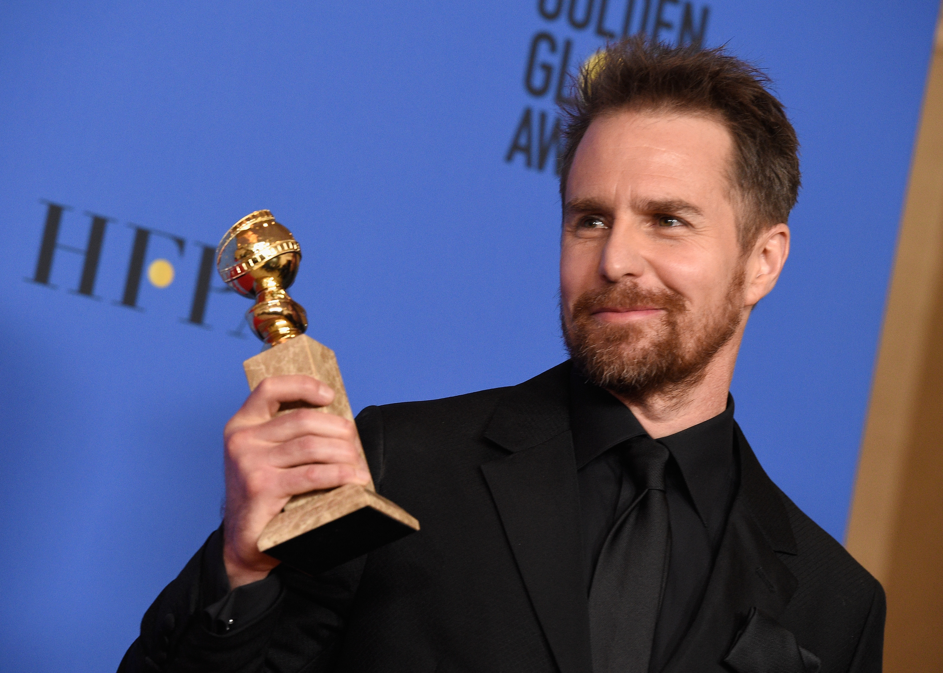 Sam Rockwell poses with best supporting actor award for 'Three Billboards Outside Ebbing, Missouri' at the 75th Annual Golden Globe Awards on January 7, 2018. (Kevork Djansezian/NBC—NBCU Photo Bank via Getty Images)