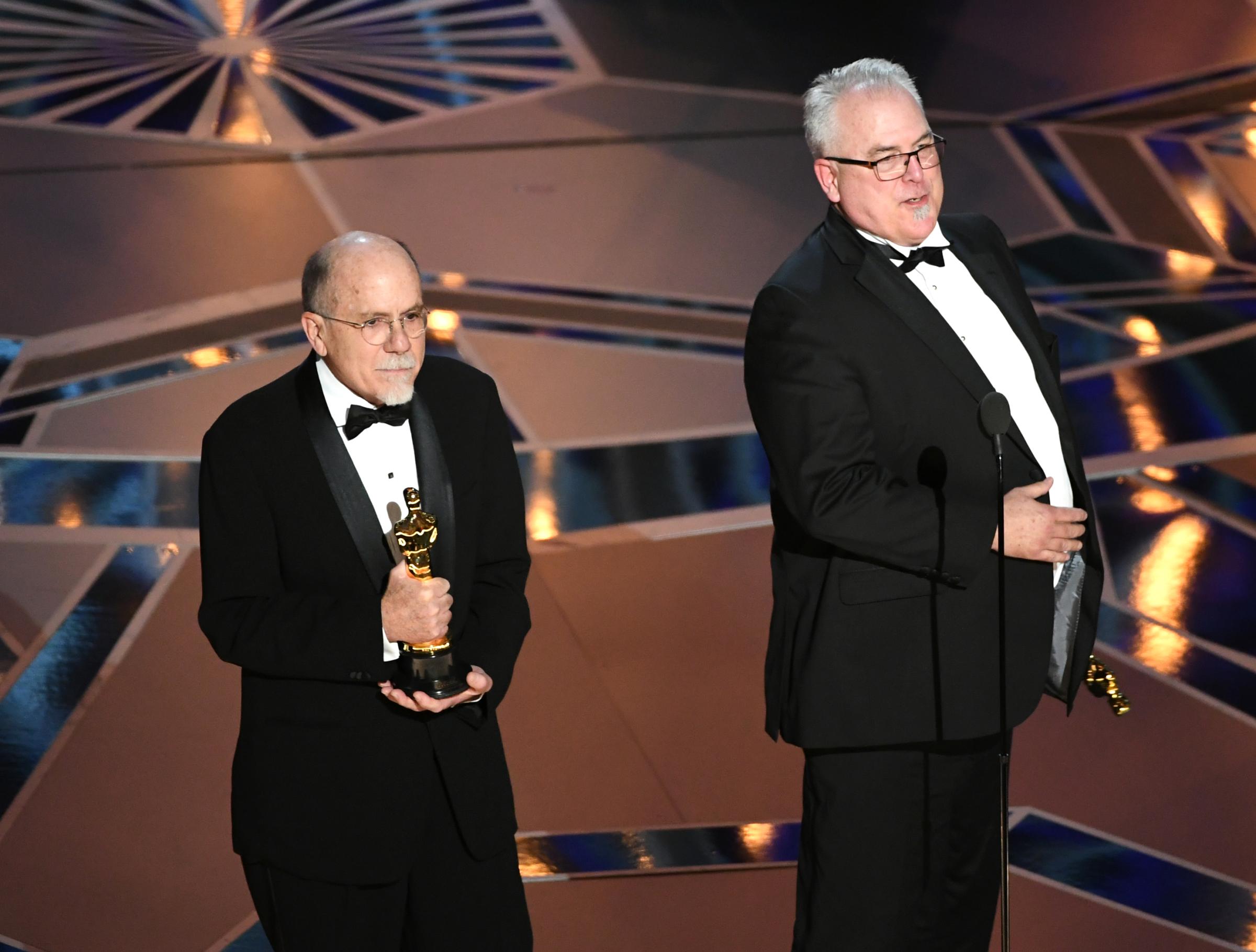 Sound designers Richard King and Alex Gibson accept Best Sound Editing for 'Dunkirk' onstage during the 90th Annual Academy Awards at the Dolby Theatre at Hollywood &amp; Highland Center on March 4, 2018 in Hollywood.