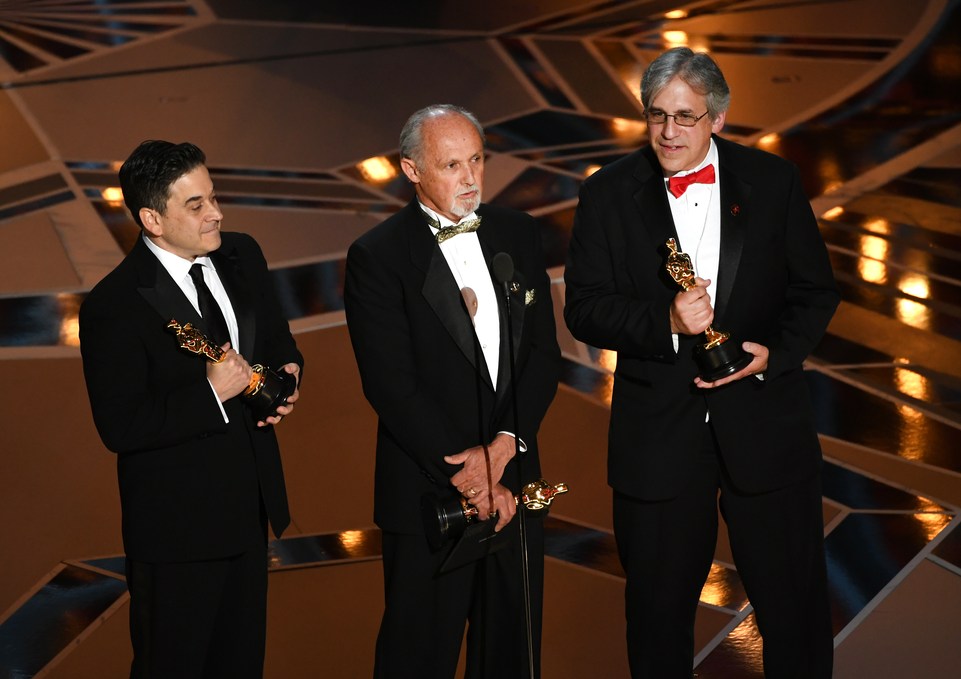 Sound mixers Gary A. Rizzo, Gregg Landaker and Mark Weingarten accept Best Sound Mixing for 'Dunkirk' onstage during the 90th Annual Academy Awards at the Dolby Theatre at Hollywood &amp; Highland Center on March 4, 2018 in Hollywood. (Kevin Winter—Getty Images)