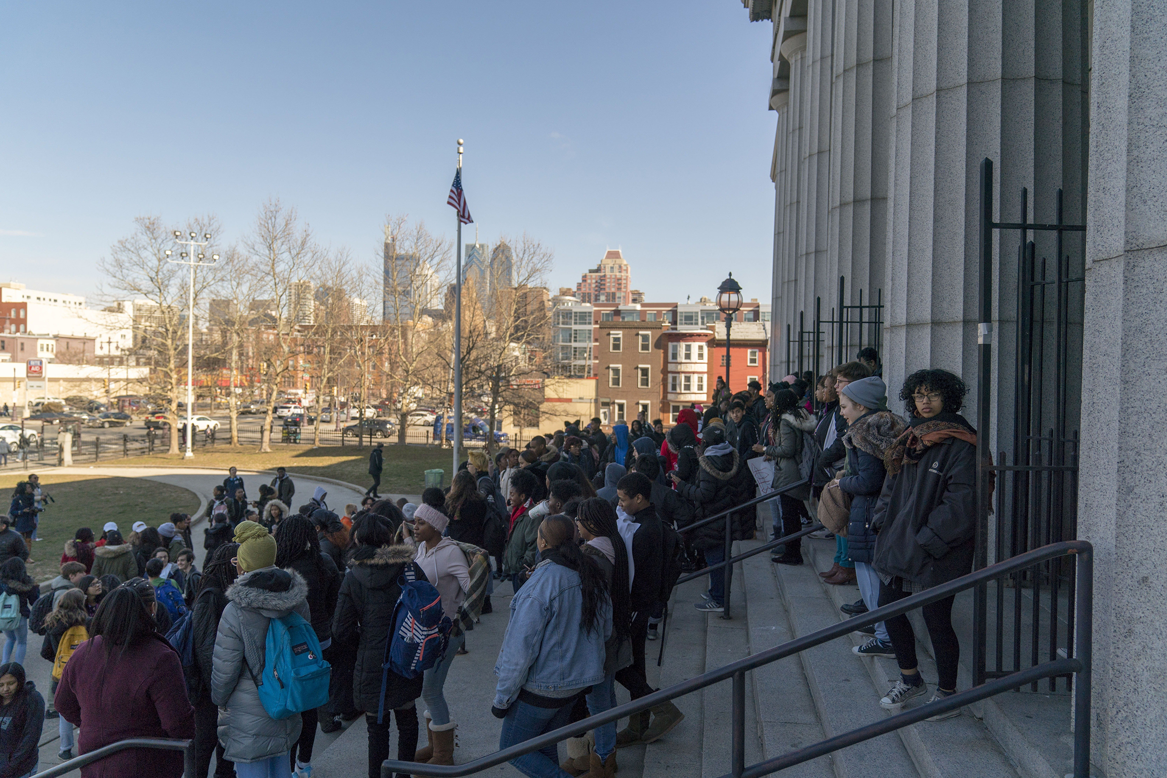 Students at Philadelphia High School of Creative And Performing Arts participate in a walkout to address school safety and gun violence in Philadelphia, on March 14, 2018. (Jessica Kourkounis—Getty Images)