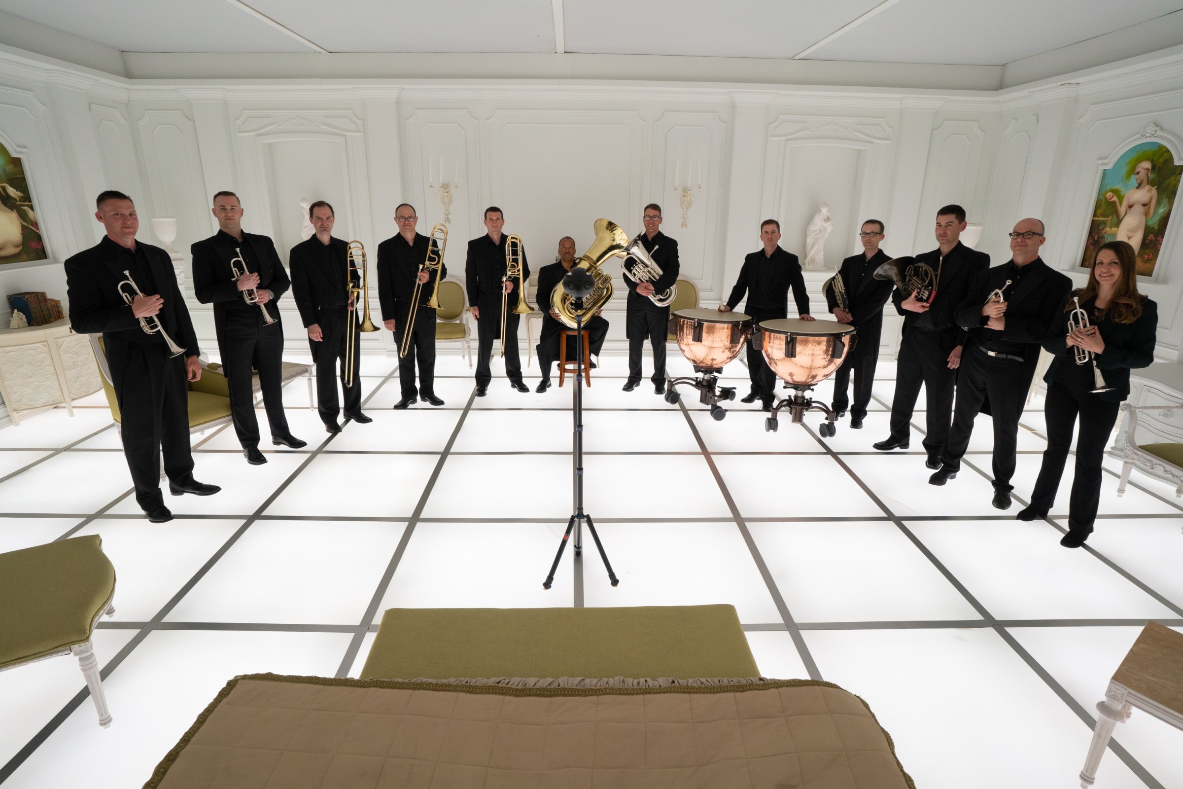The Barclay Brass band with a 360-degree video camera inside the 2001: A Space Odyssey Immersive Art Exhibit "The Barmecide Feast by Simon Birch” at the National Air and Space Museum in Washington, D.C. on Tuesday, April 24, 2018. Photo by Steve Johnson for TIME.