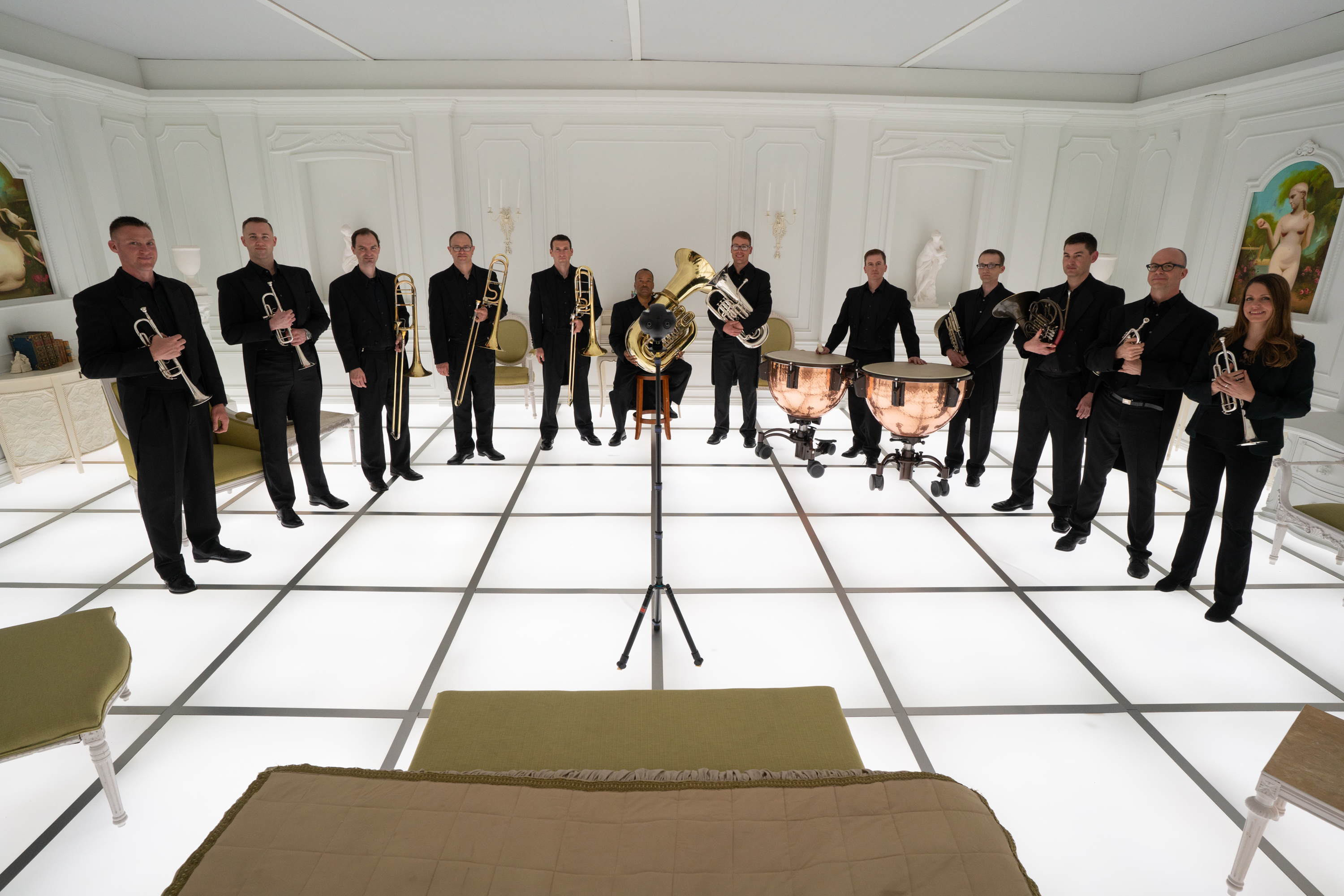 The Barclay Brass band inside the 2001: A Space Odyssey Immersive Art Exhibit "The Barmecide Feast by Simon Birch” at the National Air and Space Museum in Washington, D.C. on April 24, 2018. (Steve Johnson for TIME)