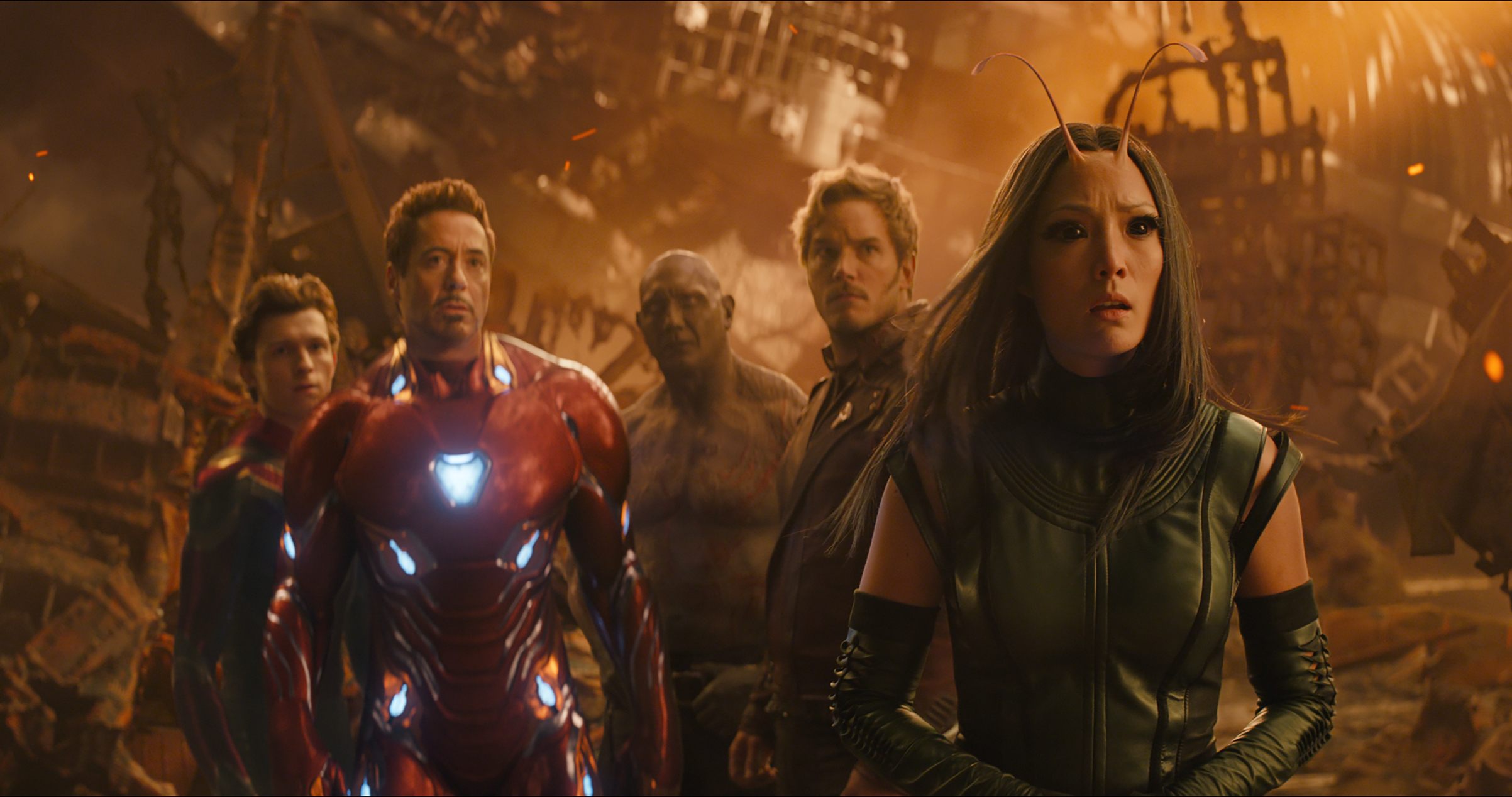 Left to Right: Spider-Man/Peter Parker (Tom Holland), Iron Man/Tony Stark (Robert Downey Jr.), Drax (Dave Bautista), Star-Lord/Peter Quill (Chris Pratt) and Mantis (Pom Klementieff) in Avengers: Infinity War (Marvel Studios)