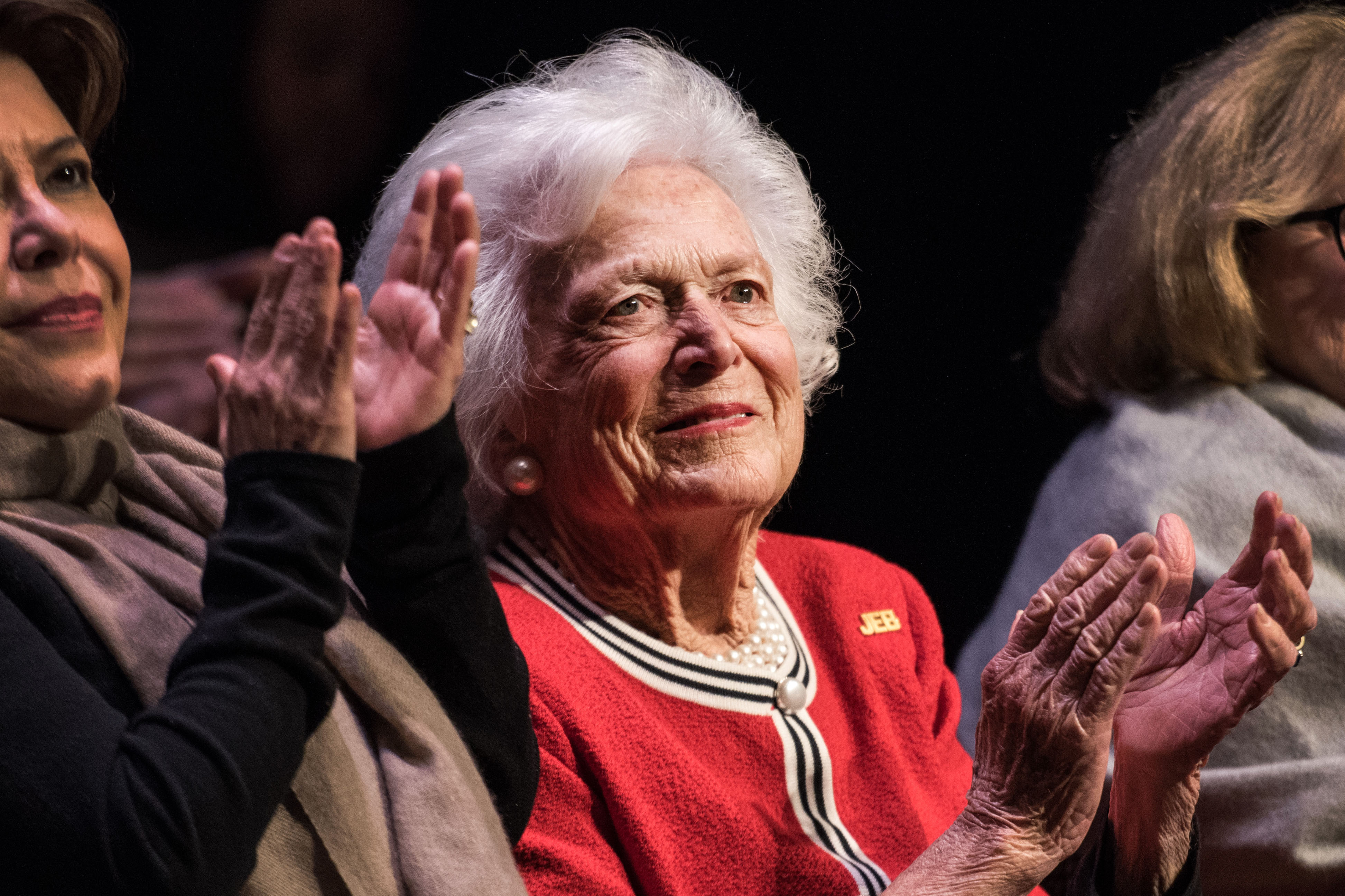Former first lady Mrs. Barbara Bush applauds for Republican presidential candidate Jeb Bush during a campaign event in Greenville, S.C. on Feb. 19, 2016. (Sean Rayford—Getty Images)