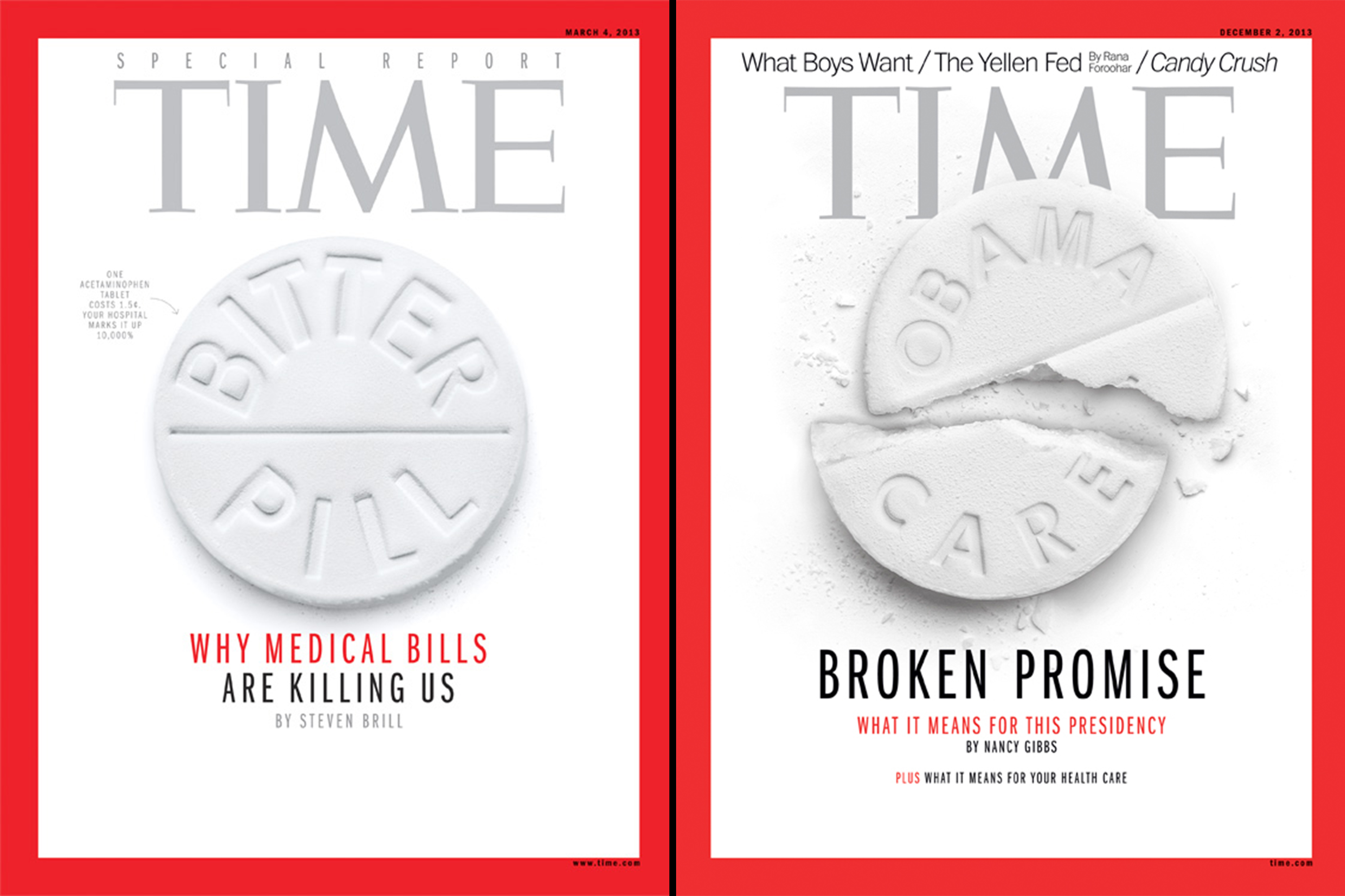 Bitter Pill," March 4, 2013; "Obama Care," Jan. 19, 2015 (Illustrations by Sean Freeman for TIME, ")