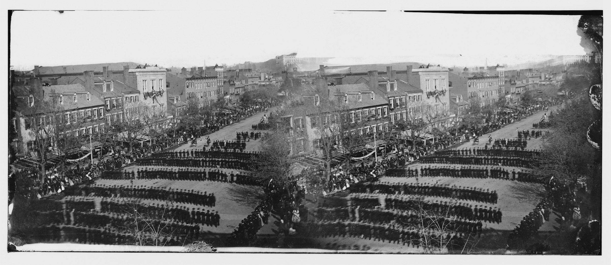 In this image from the U.S. Library of Congress, the funeral procession for U.S. President Abraham Lincoln moves down Pennsylvania Avenue on April 19, 1865, in Washington, D.C. The absence of Lincoln was one of the factors that allowed Reconstruction to fail. (Library of Congress/Getty Images)