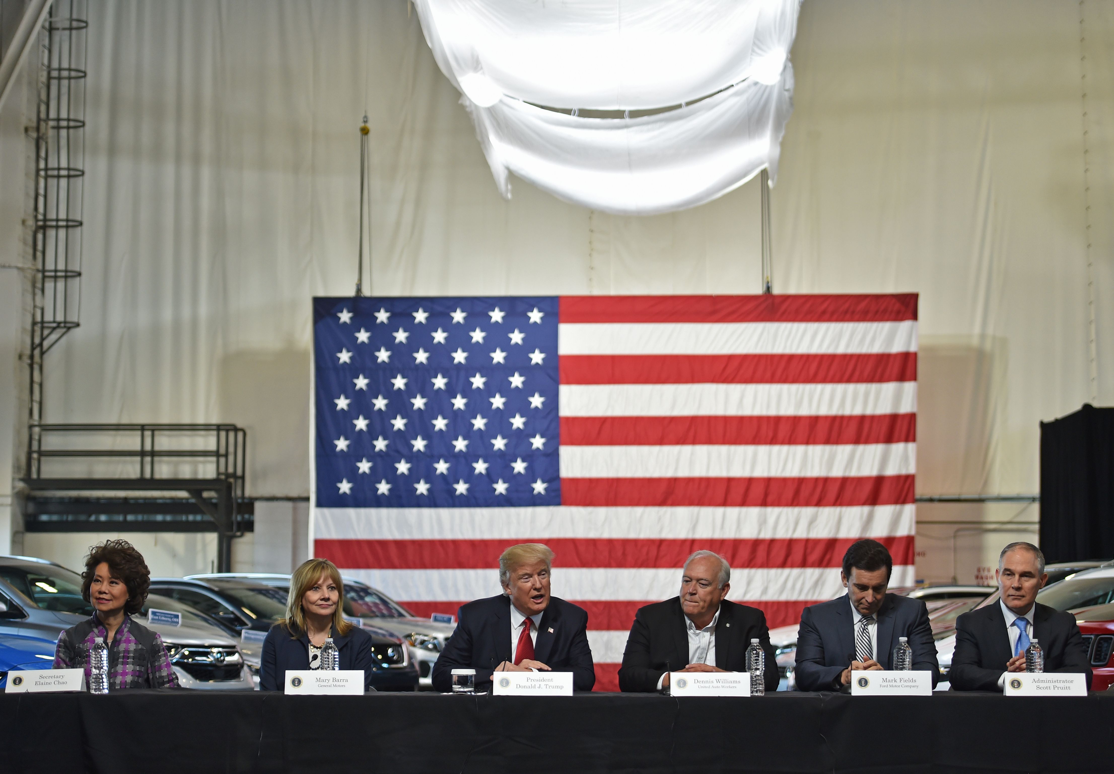 President Donald Trump delivers remarks at an auto manufacturing hub, the American Center for Mobility in Michigan on March 15 (Nicholas Kamm—AFP/Getty Images)