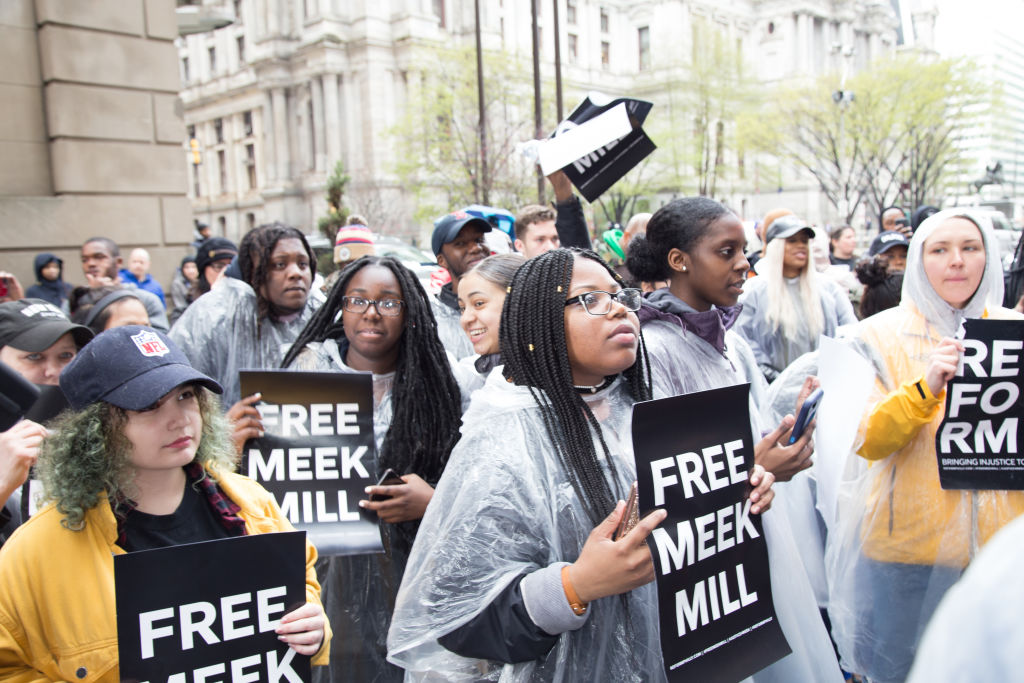 A general view of a rally protesting the imprisonment of Meek Mill outside the Philadelphia Criminal Justice Center during the rapper's status hearing on April 16, 2018 in Philadelphia, Pennsylvania.