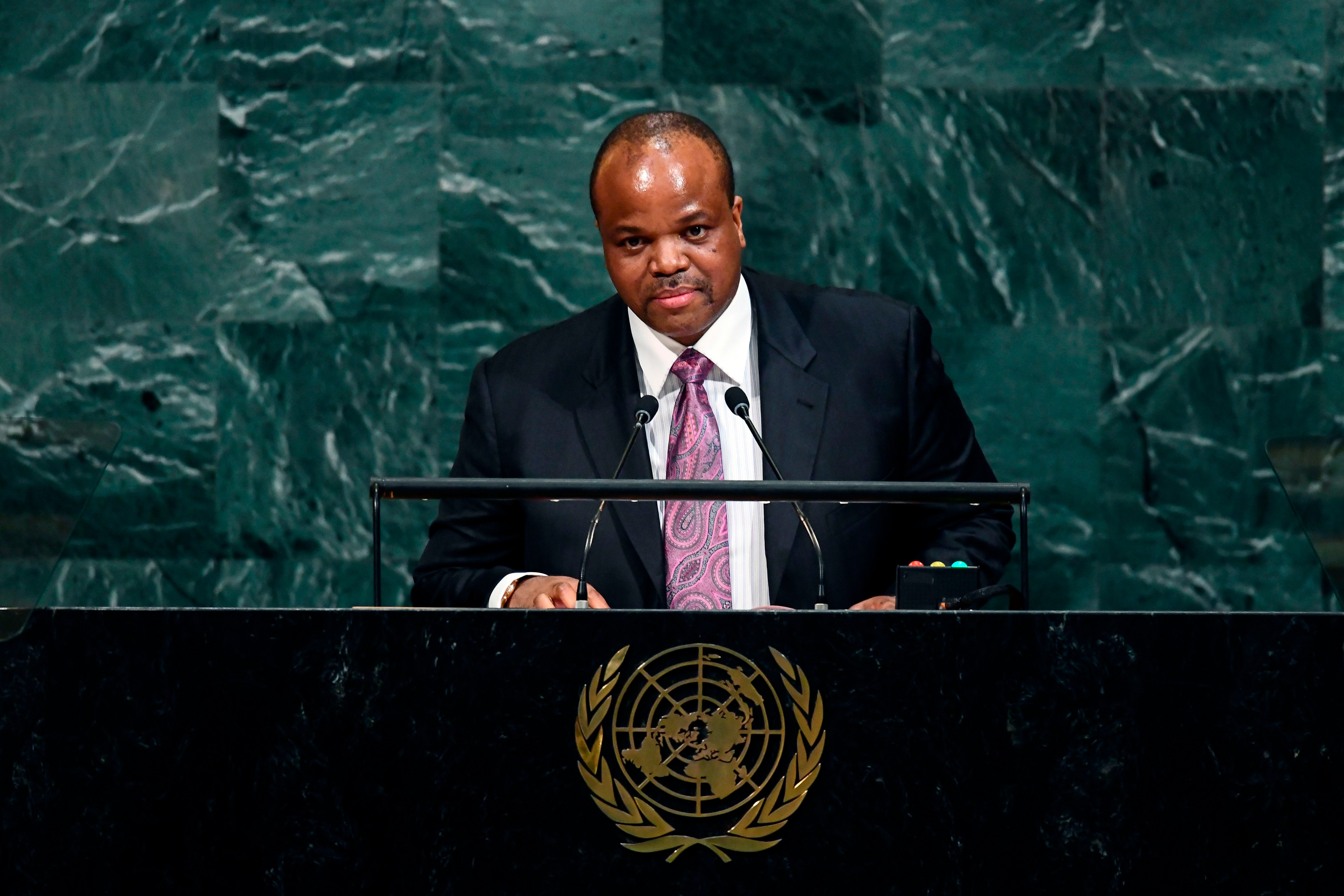 Swaziland's King Mswati III addresses the U.N. General Assembly in New York on Sept. 20, 2017. The king said that he was officially changing the country's name to eSwatini. (Jewel Samad&mdash;AFP/Getty Images)