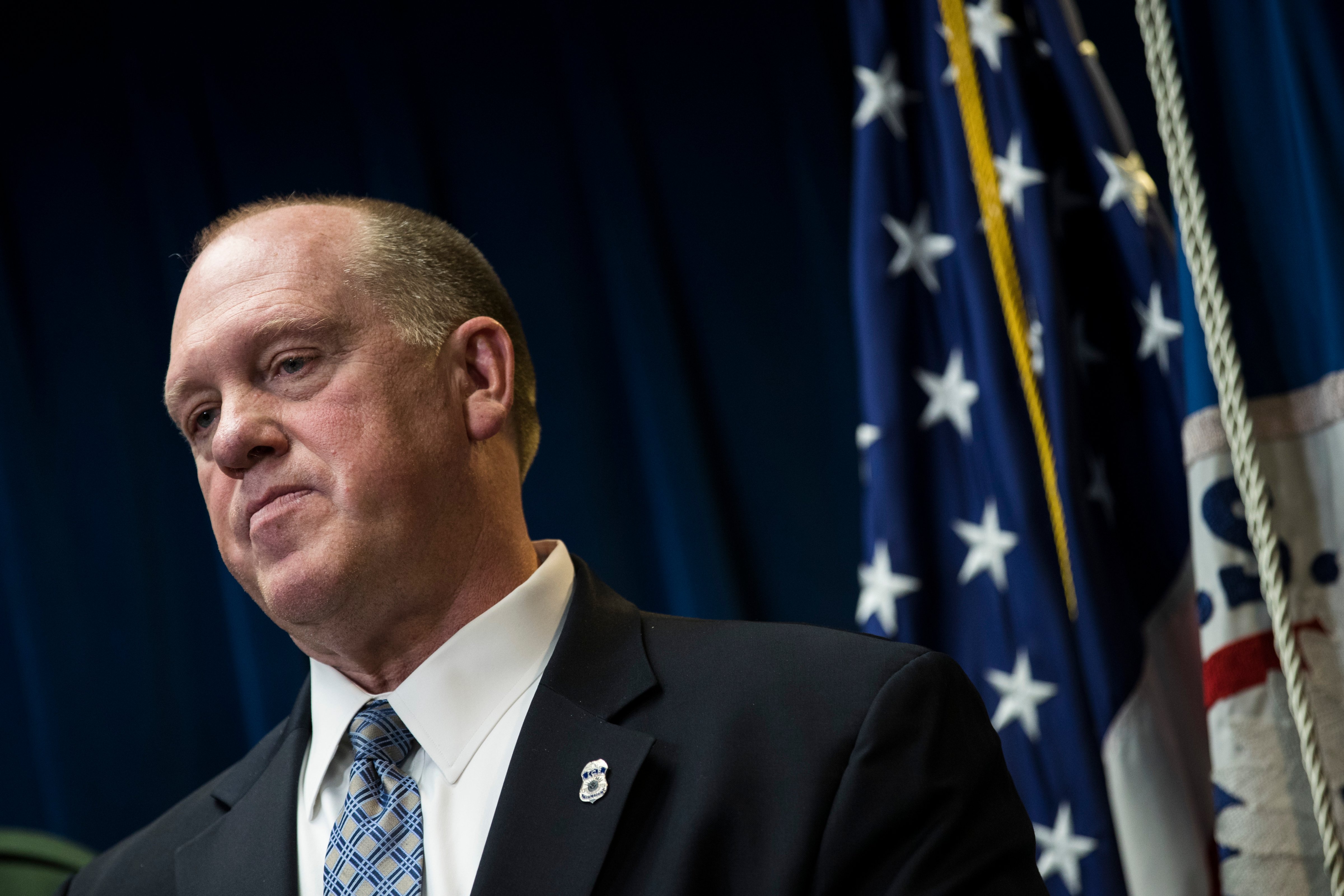 Thomas Homan, acting director of Immigration and Customs Enforcement (ICE), speaks during a Department of Homeland Security press conference in Washington, D.C. on Dec. 5, 2017. (Drew Angerer—Getty Images)