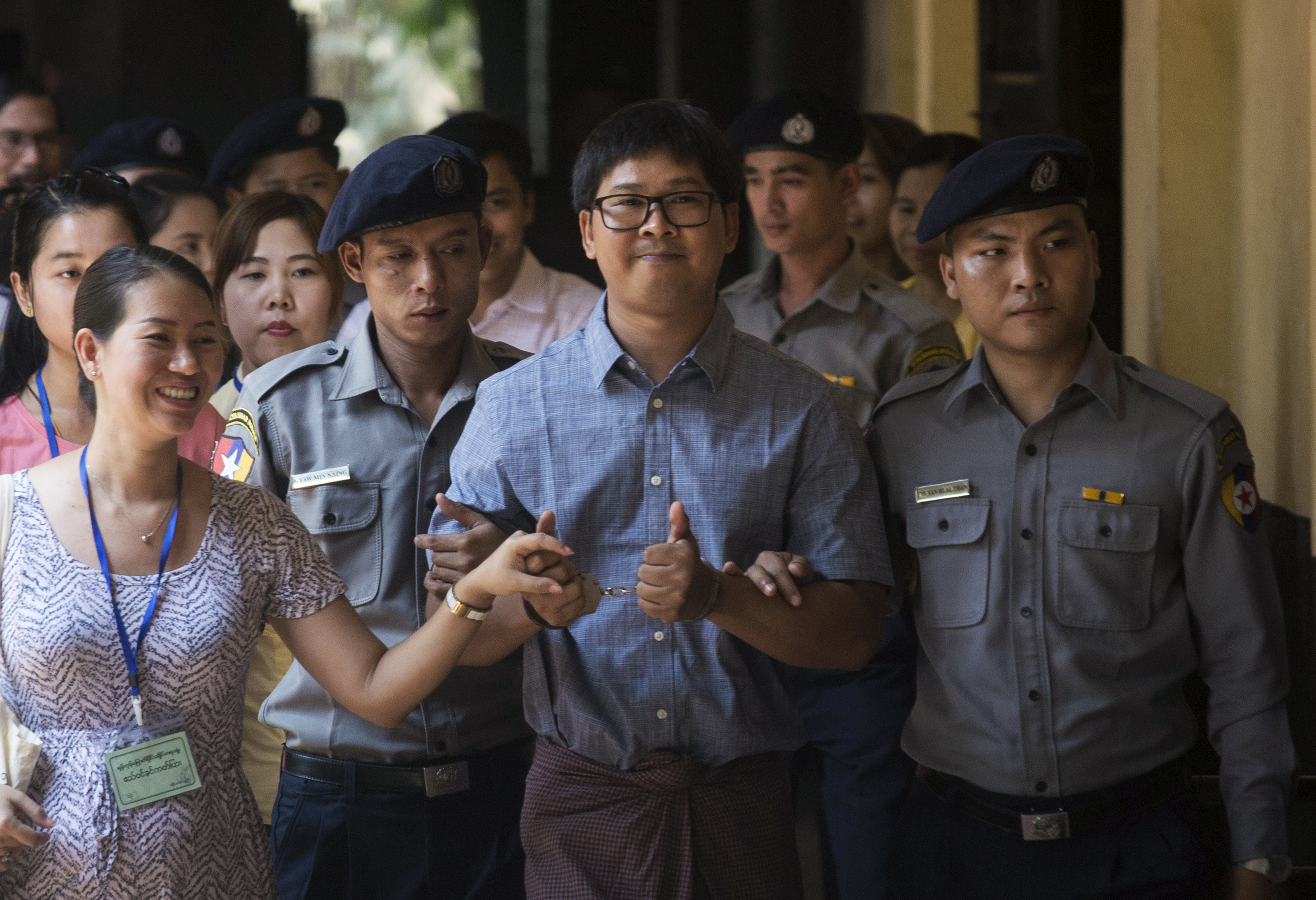 Detained Myanmar journalist Wa Lone arrives at court for his trial in Yangon on April 4, 2018. (Sai Aung Main—AFP/Getty Images)
