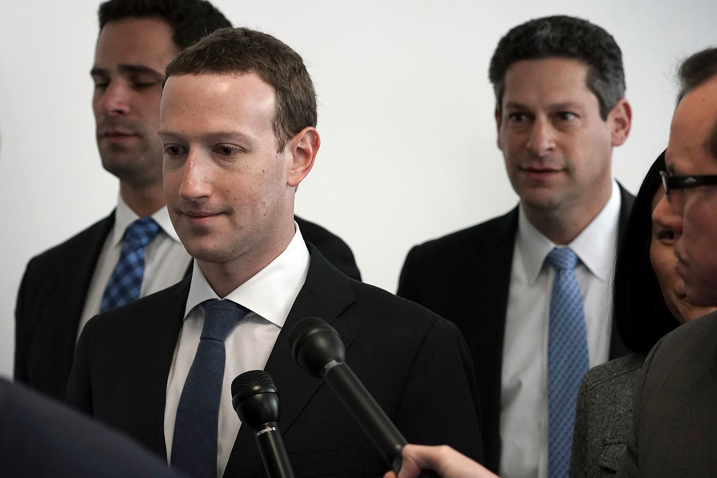 Facebook CEO Mark Zuckerberg (2 L) arrives at a meeting with U.S. Sen. Bill Nelson (D-FL), ranking member of the Senate Committee on Commerce, Science, and Transportation, April 9, 2018 on Capitol Hill in Washington, DC. (Alex Wong—Getty Images)