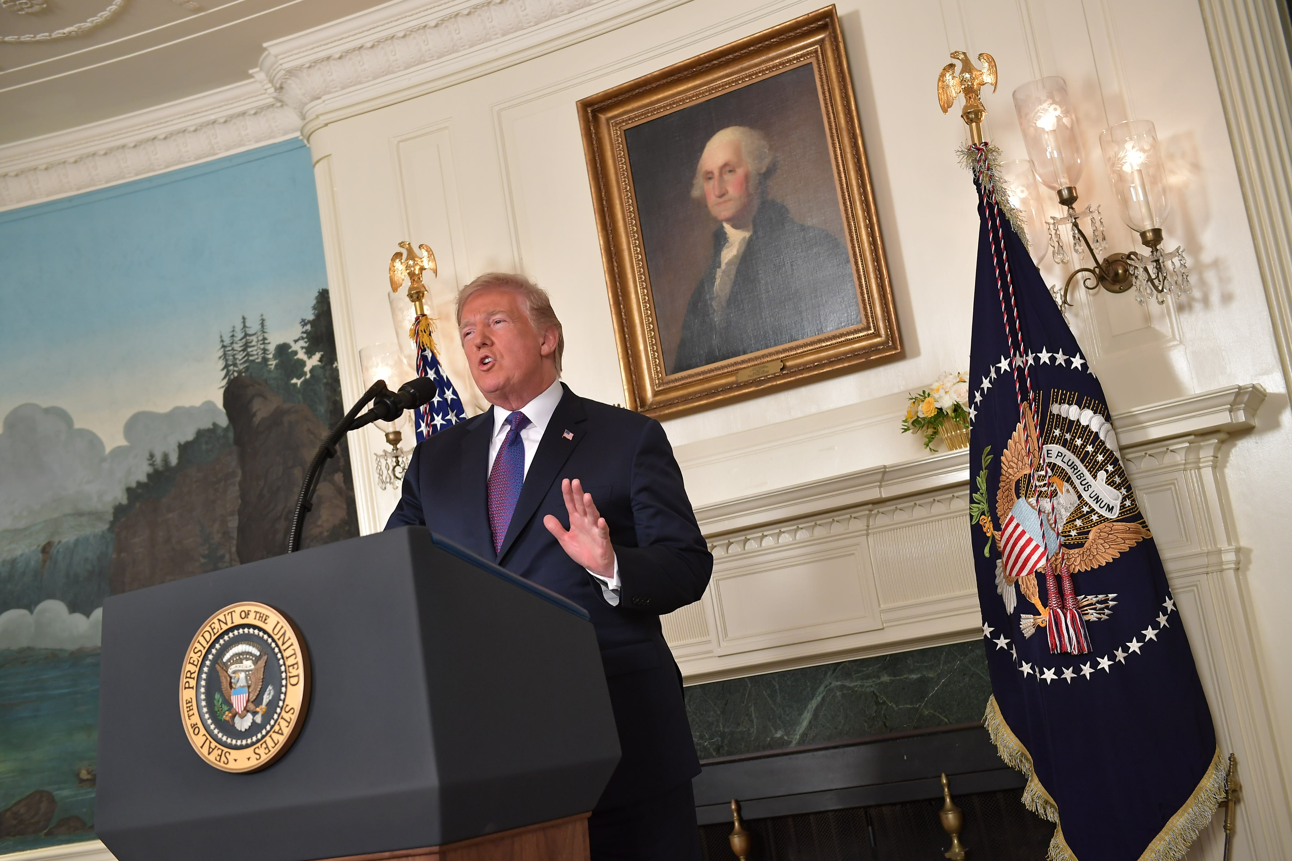 President Trump addresses the nation on the situation in Syria at the White House on April 13, 2018. (Mandel Ngan—AFP/Getty Images)