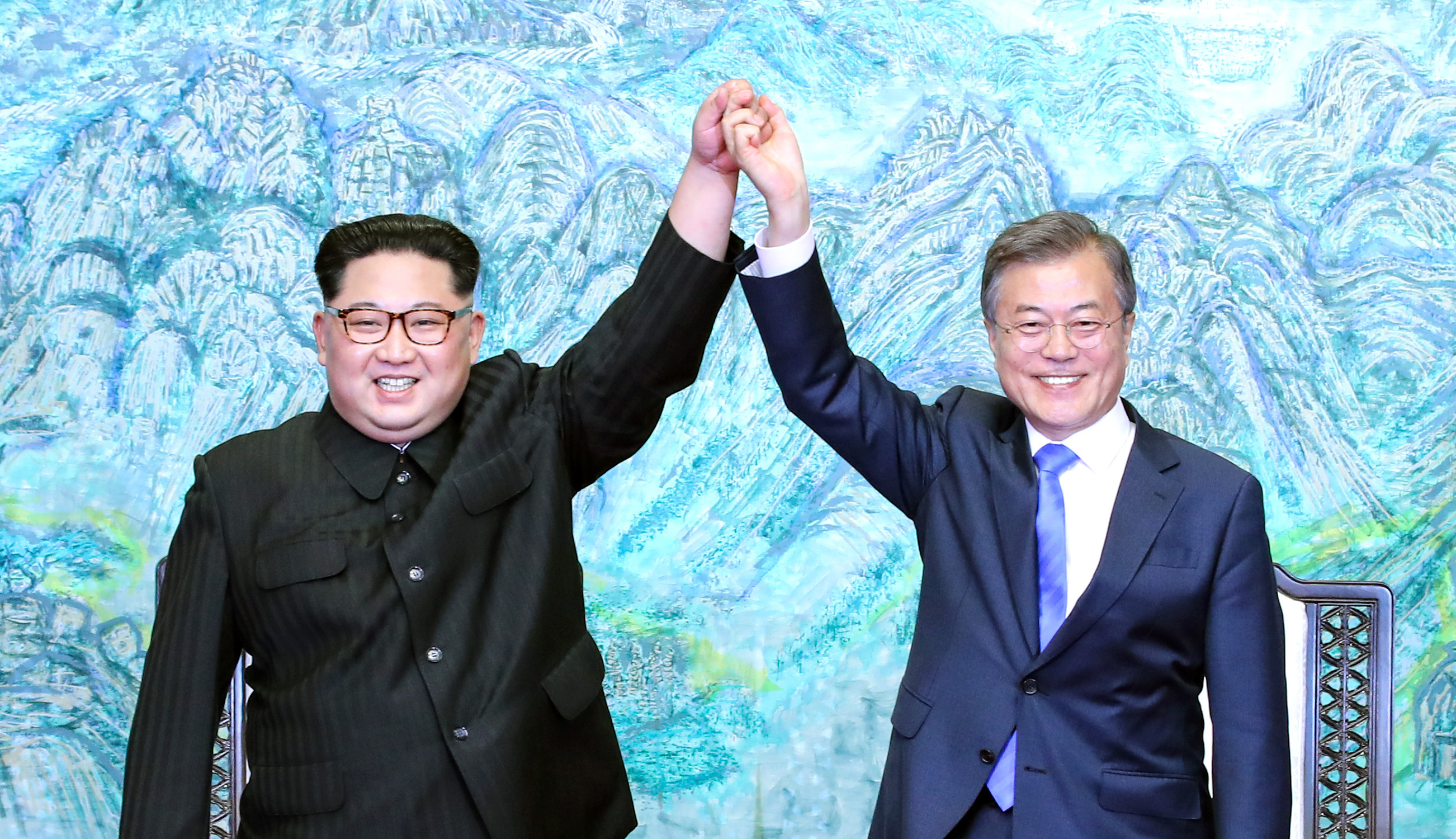 North Korean leader Kim Jong Un and South Korean President Moon Jae-in during the Inter-Korean Summit at the Peace House on April 27, 2018 in Panmunjom, South Korea. (Korea Summit Press PoolGetty Images)