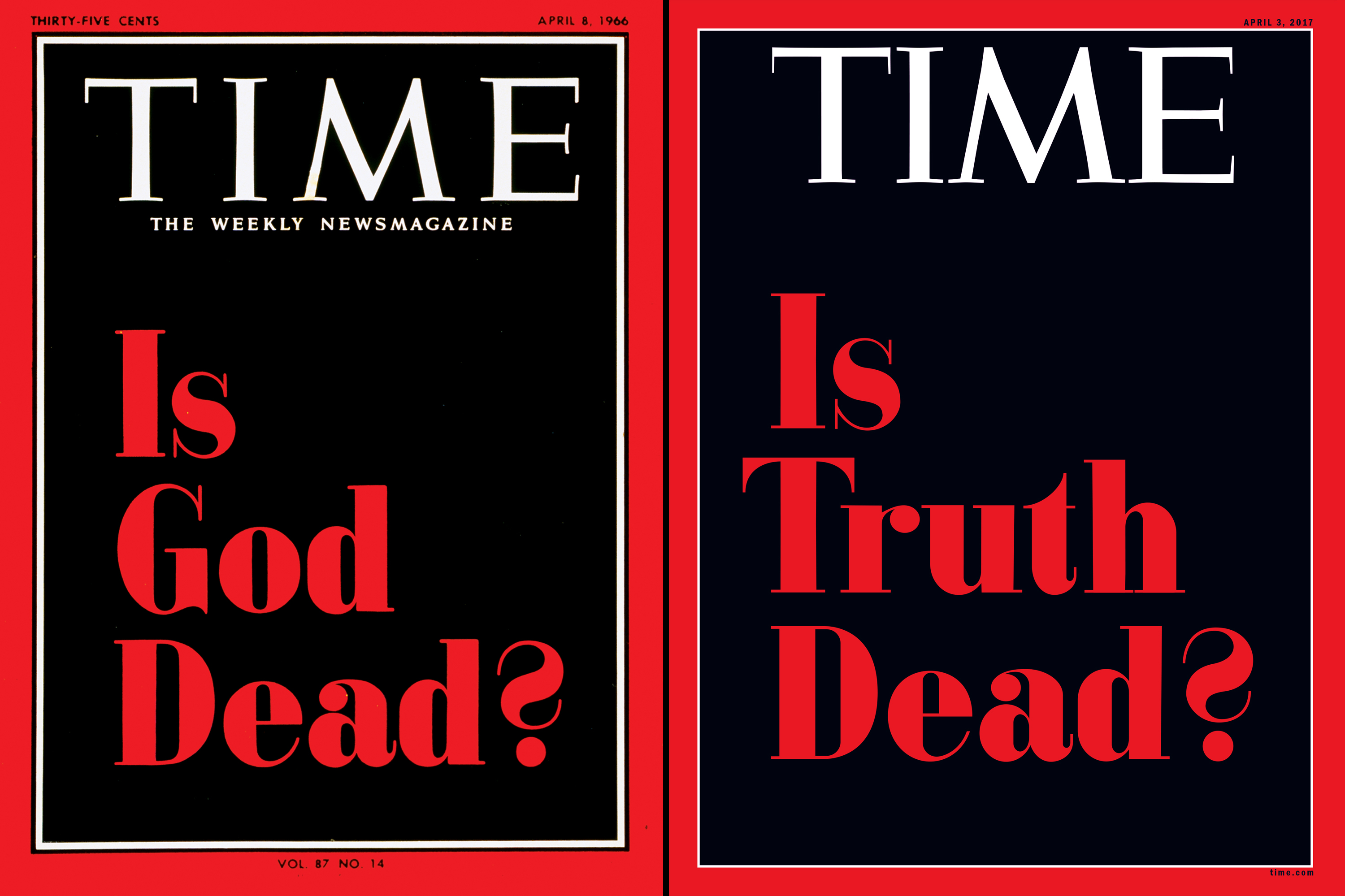 "Is God Dead?," April 8, 1966; "Is Truth Dead?," April 3, 2017
