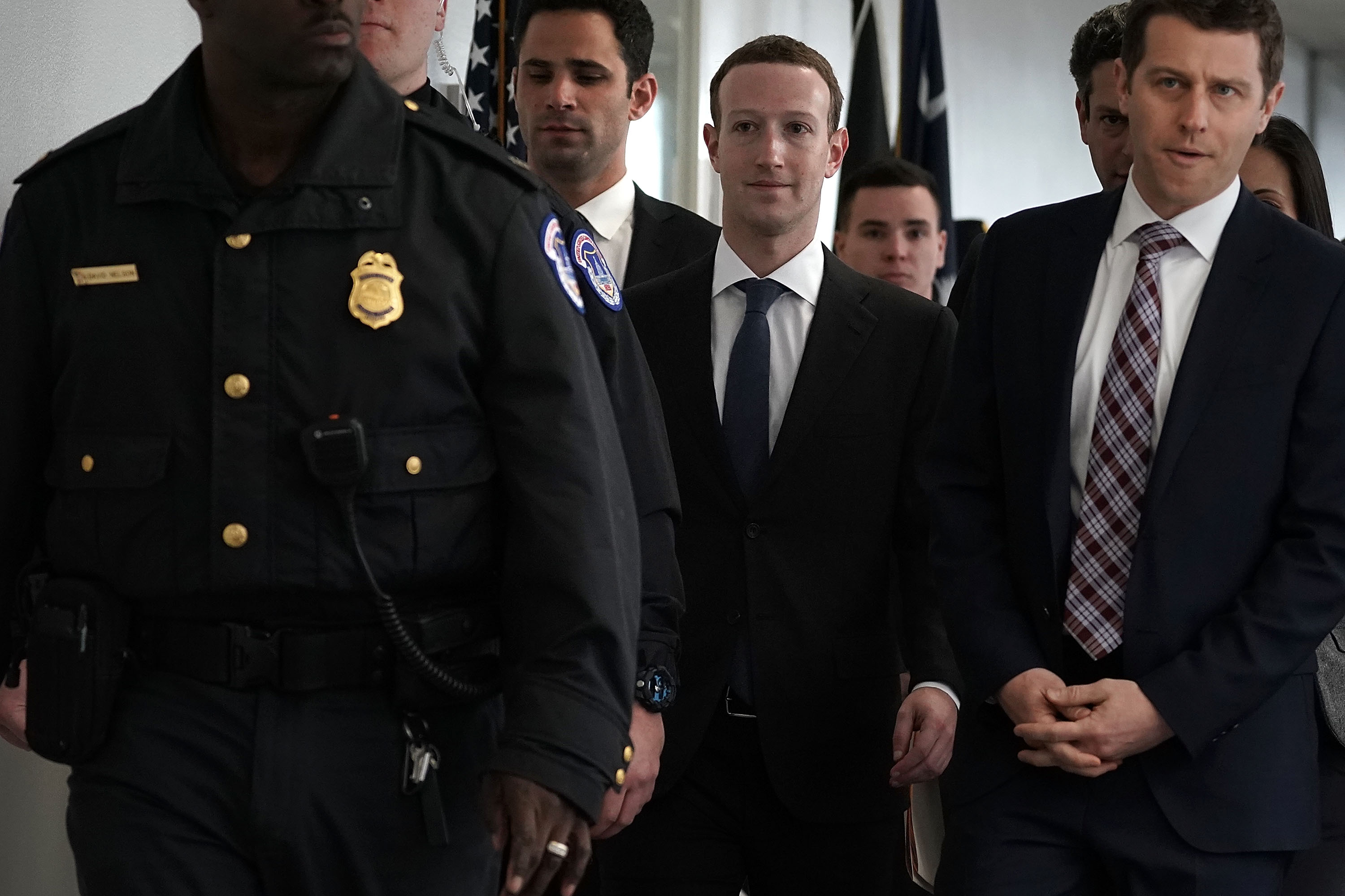 Facebook CEO Mark Zuckerberg (C) arrives at a meeting with U.S. Sen. Bill Nelson (D-FL), ranking member of the Senate Committee on Commerce, Science, and Transportation, April 9, 2018 in Washington, DC. (Alex Wong&mdash;Getty Images)
