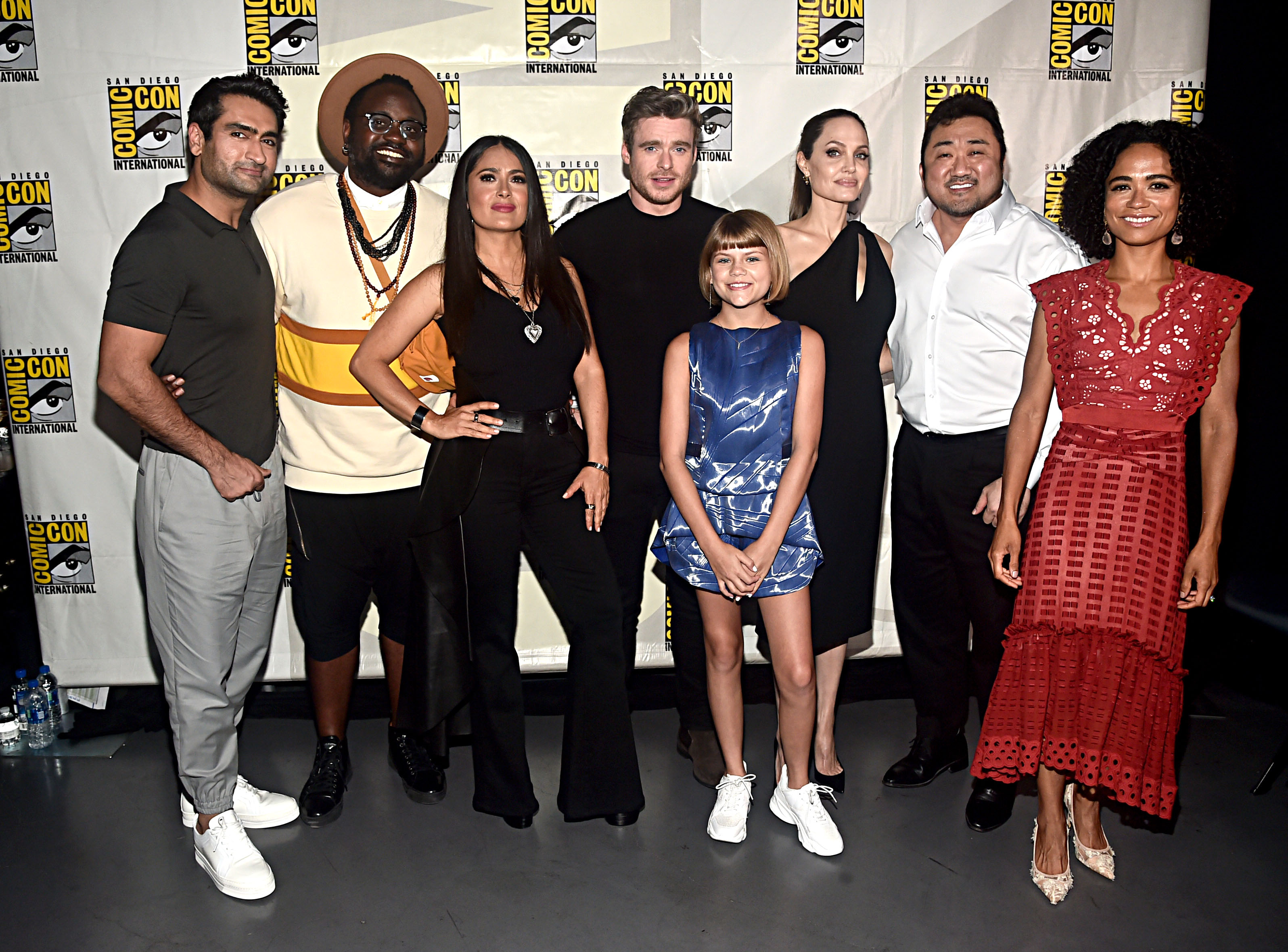 (L-R) Kumail Nanjiani, Brian Tyree Henry, Salma Hayek, Richard Madden, Lia McHugh, Angelina Jolie, Don Lee and Lauren Ridloff of Marvel Studios' 'The Eternals' at the San Diego Comic-Con in 2019. (Getty Images for Disney)