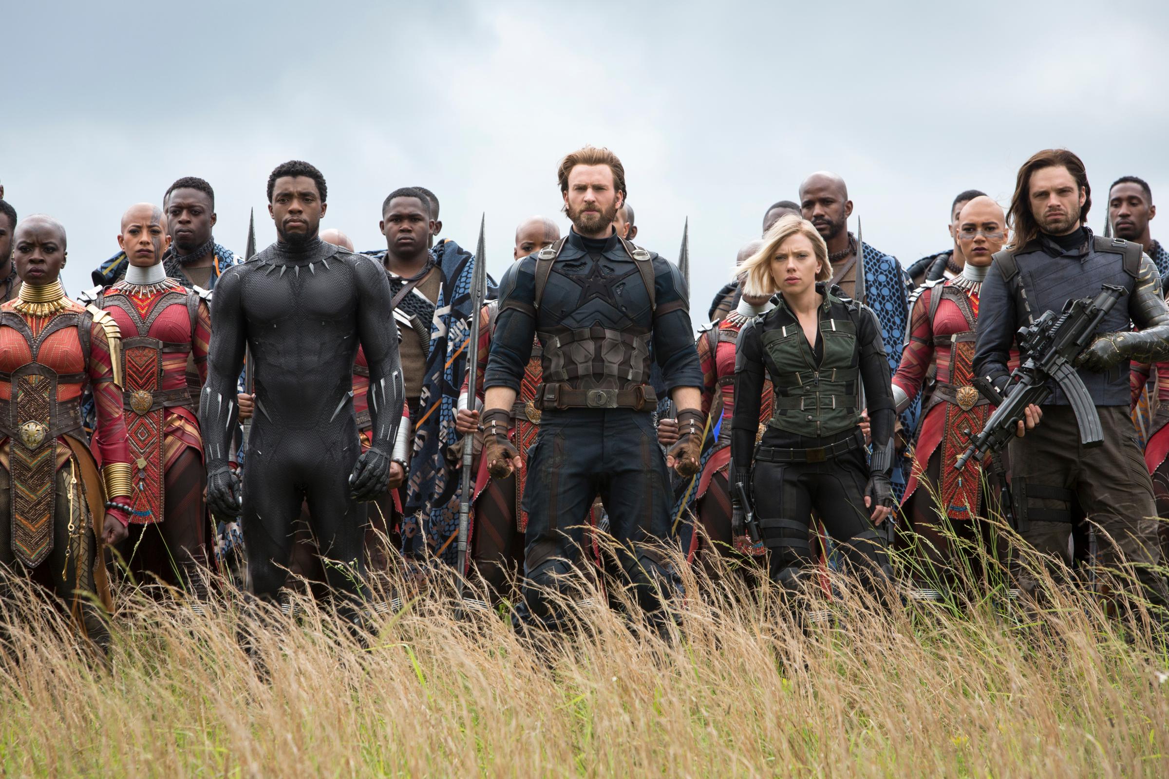 Chadwick Boseman as Black Panther, Chris Evans as Captain America, Scarlett Johansson as Black Widow in Avengers: Infinity War