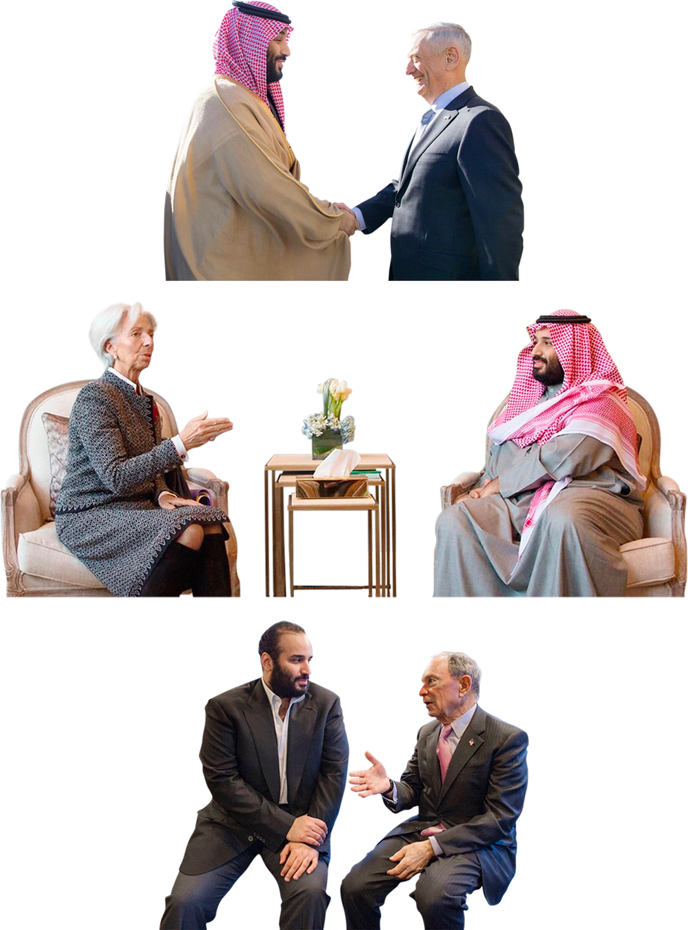 Bin Salman meets with James Mattis and Christine Lagarde in Washington, and Michael Bloomberg in New York City (Bandar Algaloud—Saudi Kingdom Council/Getty Images (2); Twitter/SaudiEmbassyUSA)