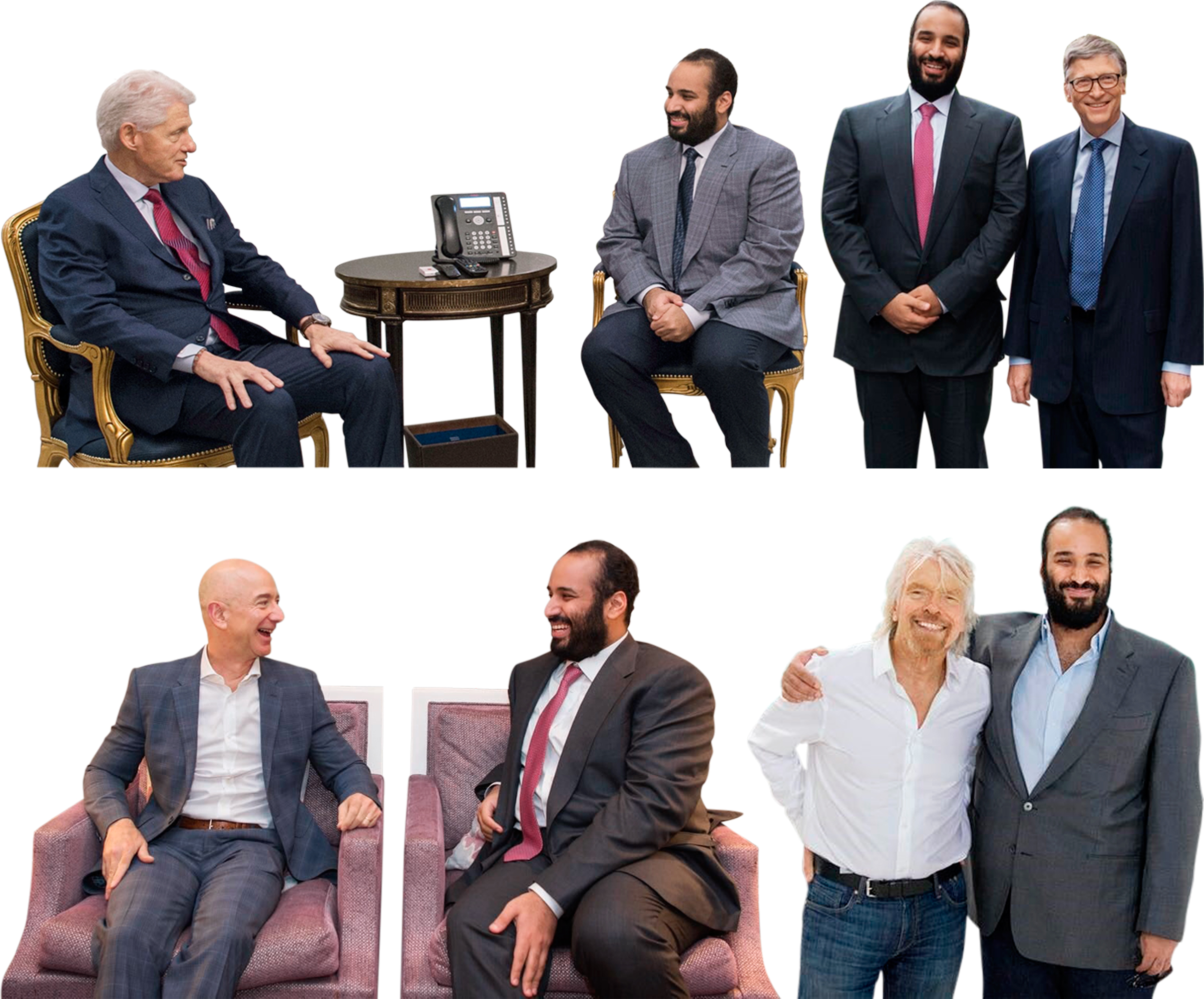 Bin Salman meets with Bill Clinton in New York City, Bill Gates and Jeff Bezos in Seattle, and Richard Branson in the Mojave Desert, Calif. (Bandar Algaloud—Saudi Kingdom Council/Getty Images; Twitter/SaudiEmbassyUSA (2))