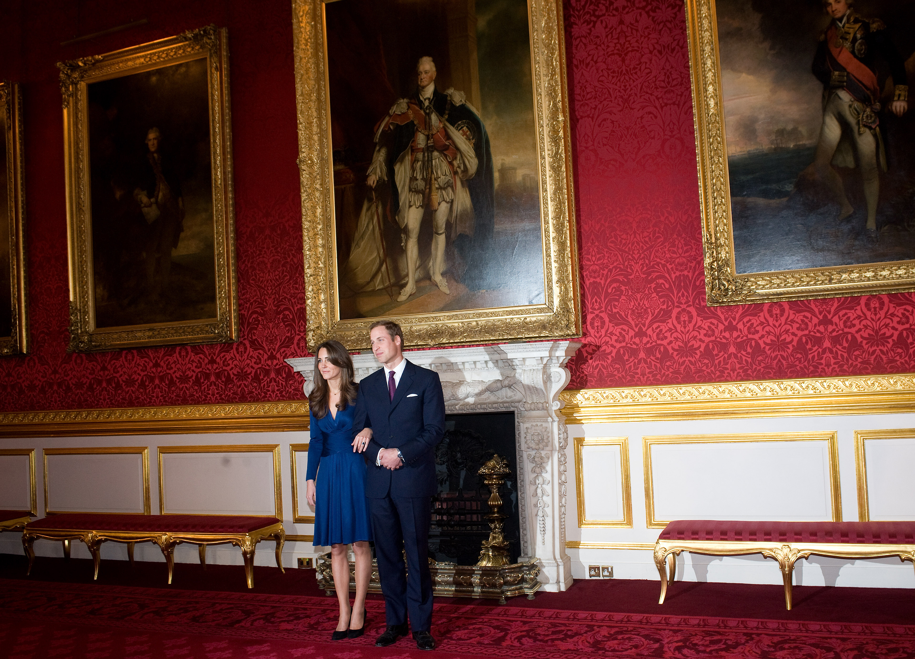 Prince William and Kate Middleton pose for photographs in the State Apartments of St James Palace on November 16, 2010 in London, England. (Samir Hussein—WireImage/Getty Images)
