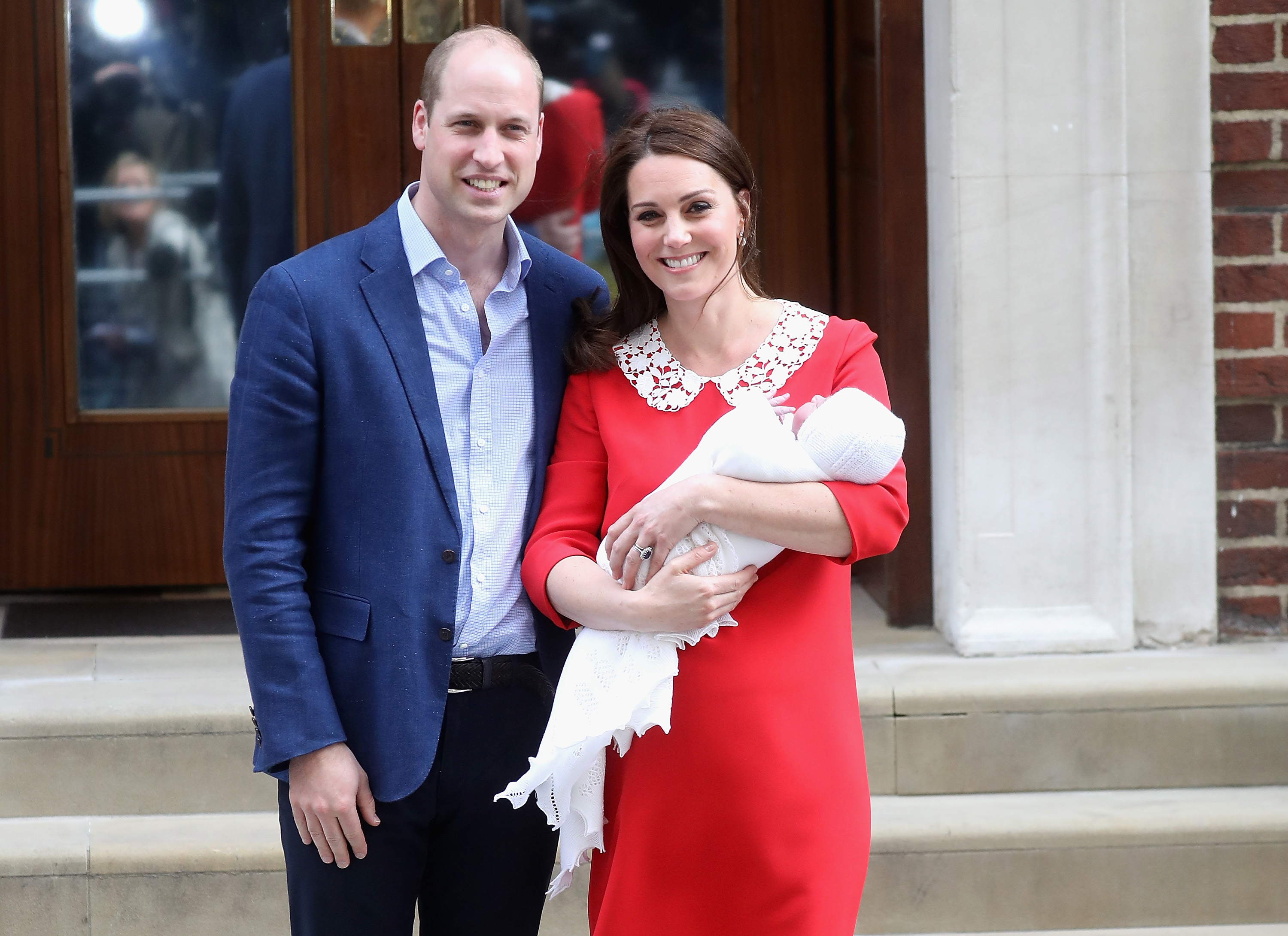 Prince William, Duke of Cambridge and Catherine, Duchess of Cambridge depart the Lindo Wing with their newborn son at St Mary's Hospital on April 23, 2018 in London, England. The Duchess safely delivered a boy at 11:01 am, weighing 8lbs 7oz, who will be fifth in line to the throne. (Chris Jackson—Getty Images)