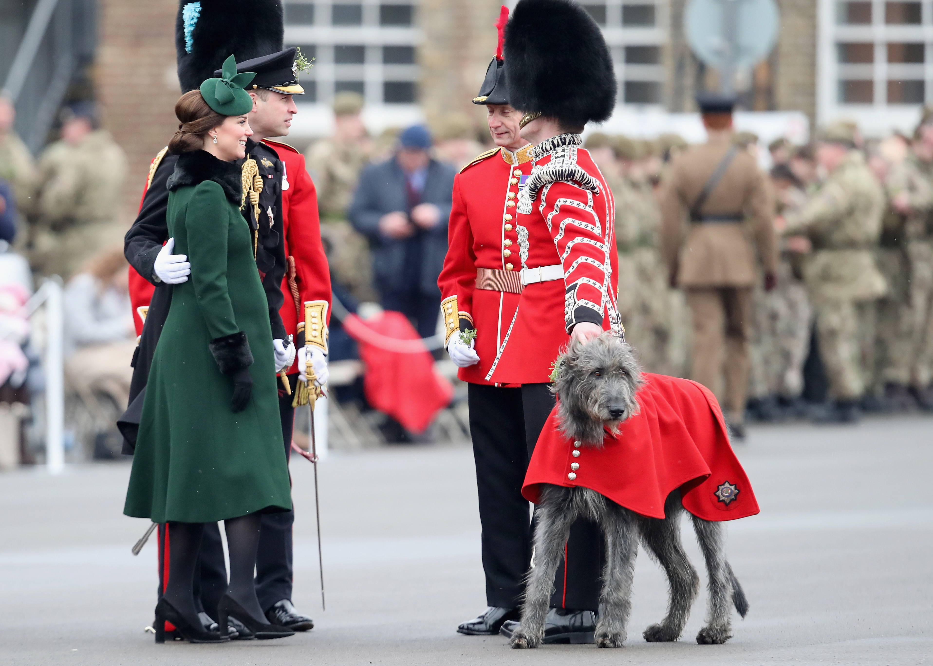 Catherine, Duchess of Cambridge and Prince William, Duke Of Cambridge attend the annual Irish Guards St Patrick's Day Parade at Cavalry Barracks on March 17, 2018 in Hounslow, England. (Chris Jackson—Getty Images)