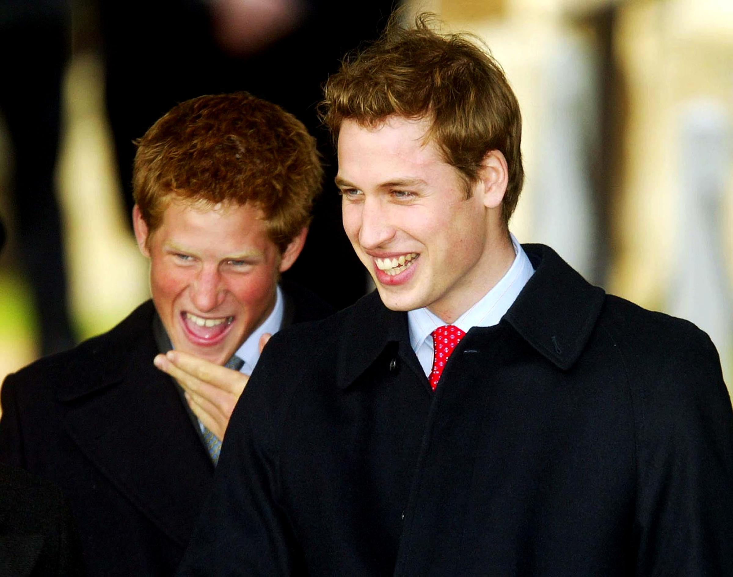 SANDRINGHAM, ENGLAND - DECEMBER 25:  (NO UK SALES FOR 28 DAYS. EMBARGOED UNTIL 001 JANUARY 22, 2004) HRH Prince Harry (L) and HRH Prince William leave along with other members of the Royal family after attending a Christmas Day service St. Mary Magdelene Church on December 25, 2003 in Norfolk, England. (Photo by ROTA/Getty Images) *** Local Caption *** Prince Harry;Prince William