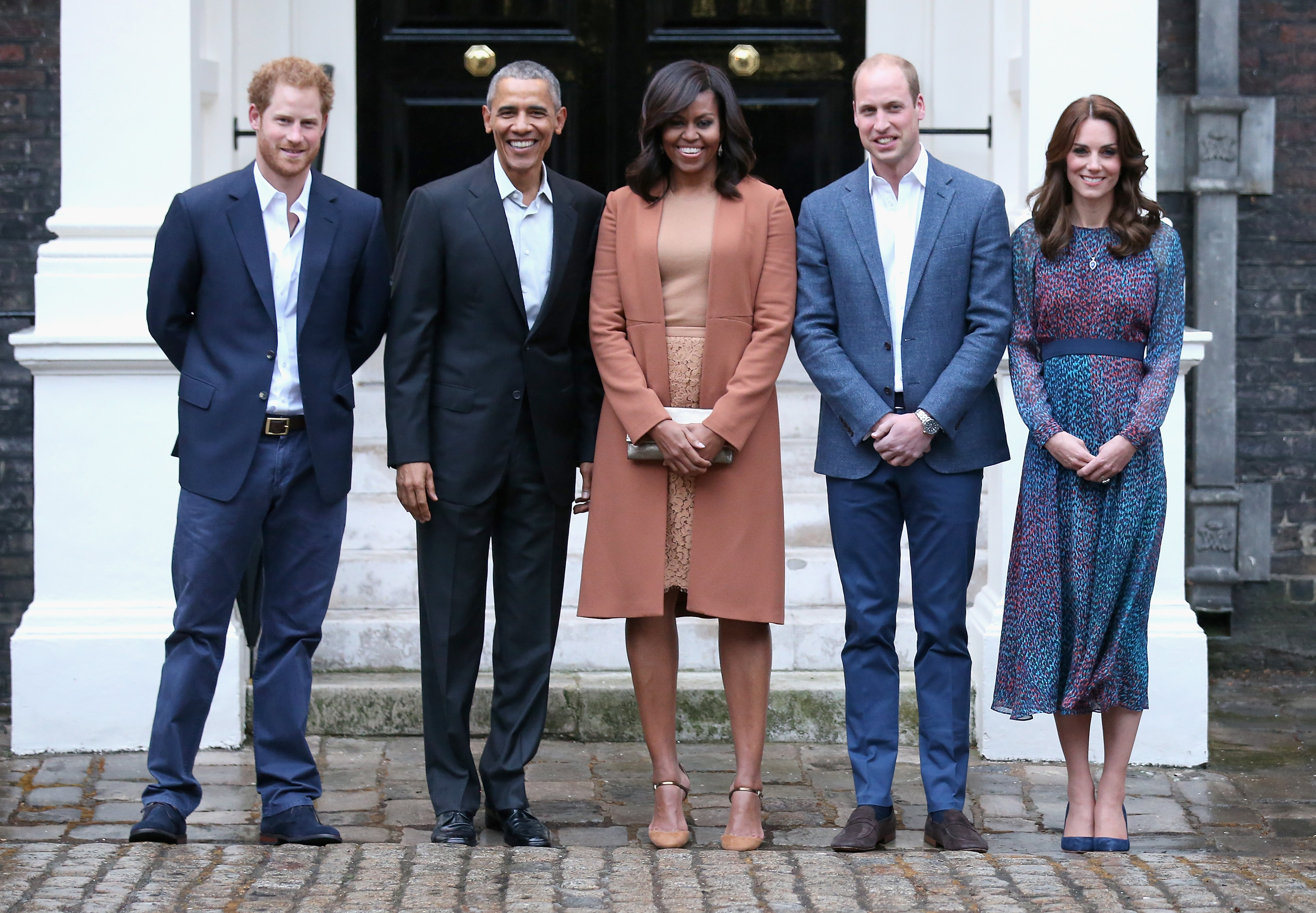 Prince Harry, US President Barack Obama, First Lady Michelle Obama, Prince William, Duke of Cambridge and Catherine, Duchess of Cambridge pose as they attend a dinner at Kensington Palace on April 22, 2016 in London, England. (Chris Jackson—Getty Images)