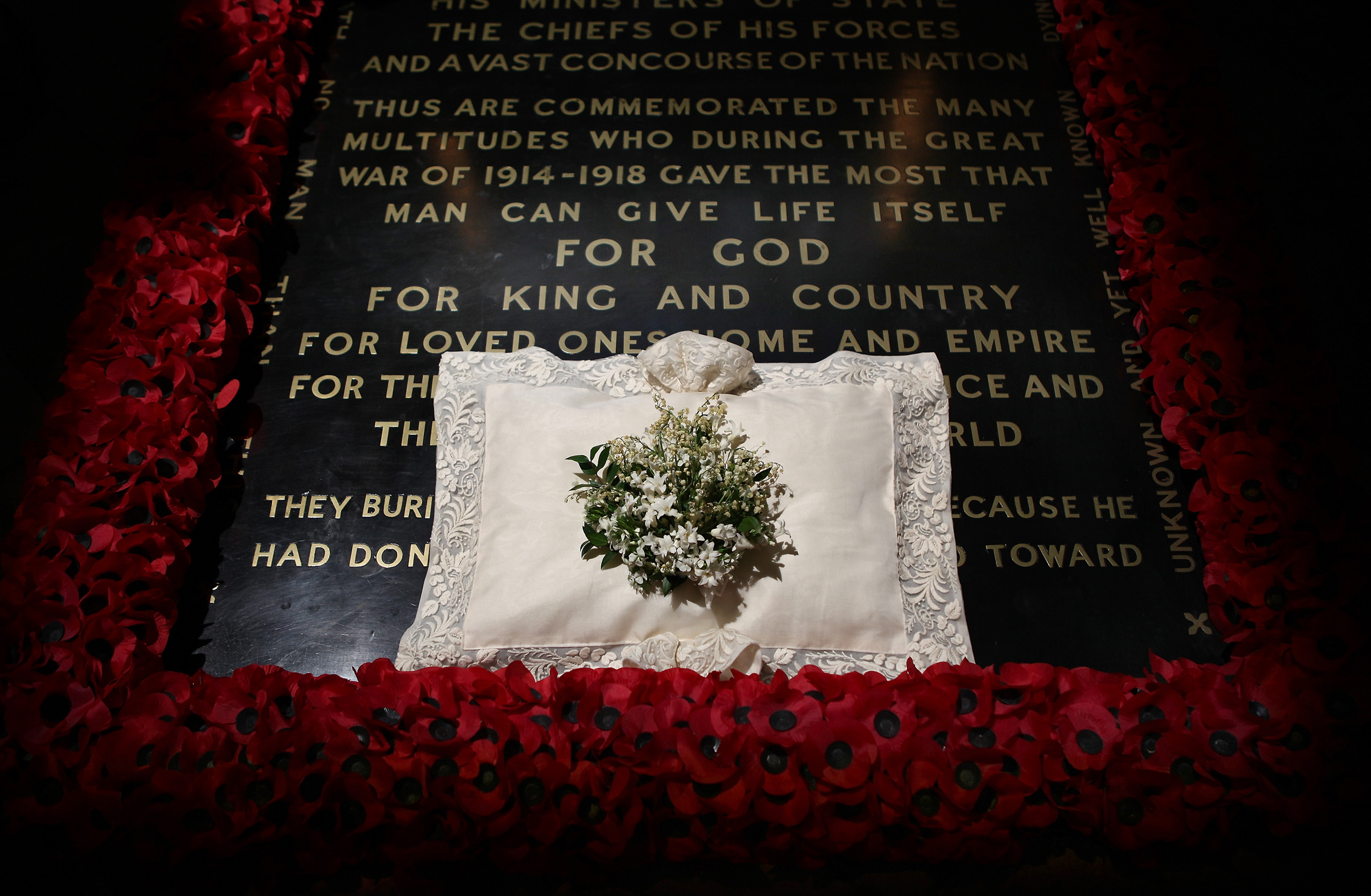 The wedding bouquet of Catherine, Duchess of Cambridge lies on the grave of the unknown warrior in Westminster Abbey on April 30, 2011 in London, England. (Peter Macdiarmid—Getty Images)