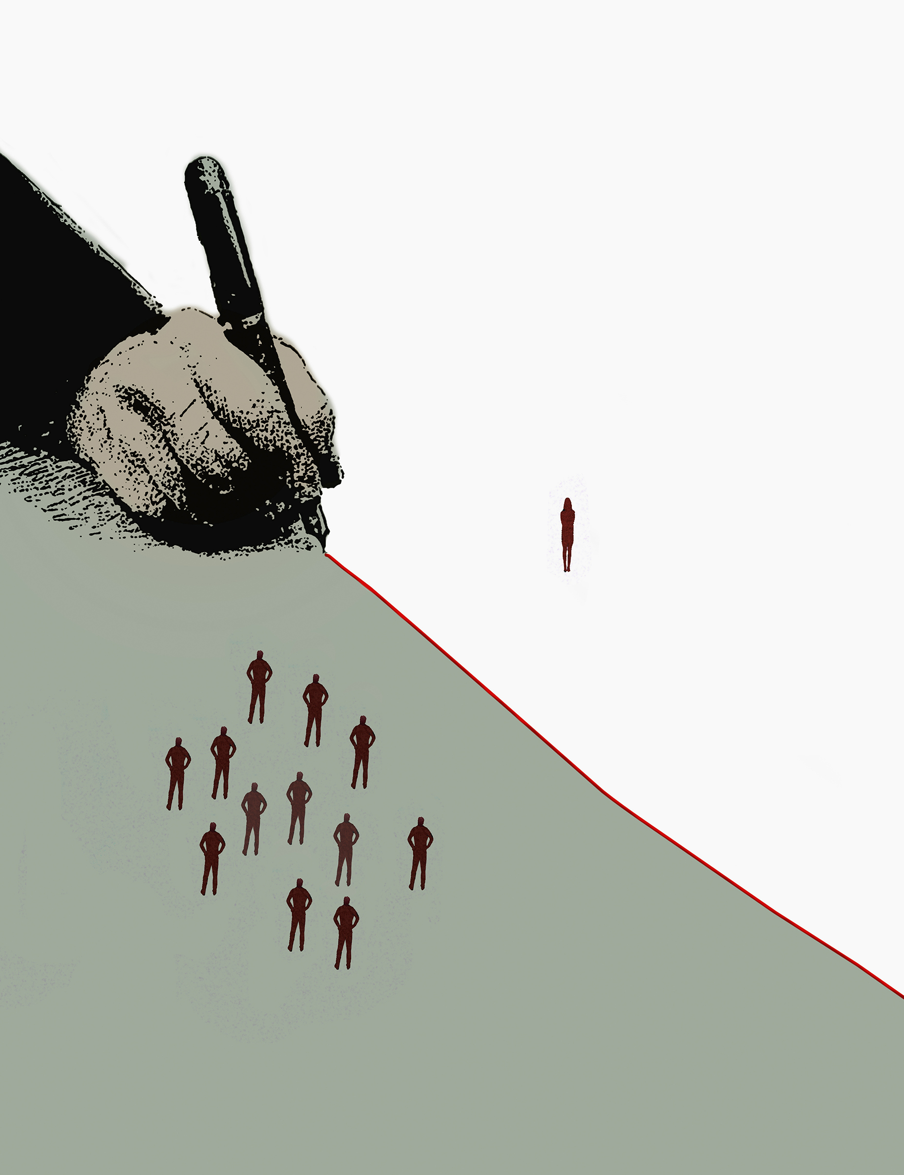 Hand drawing red dividing line separating woman from group of men