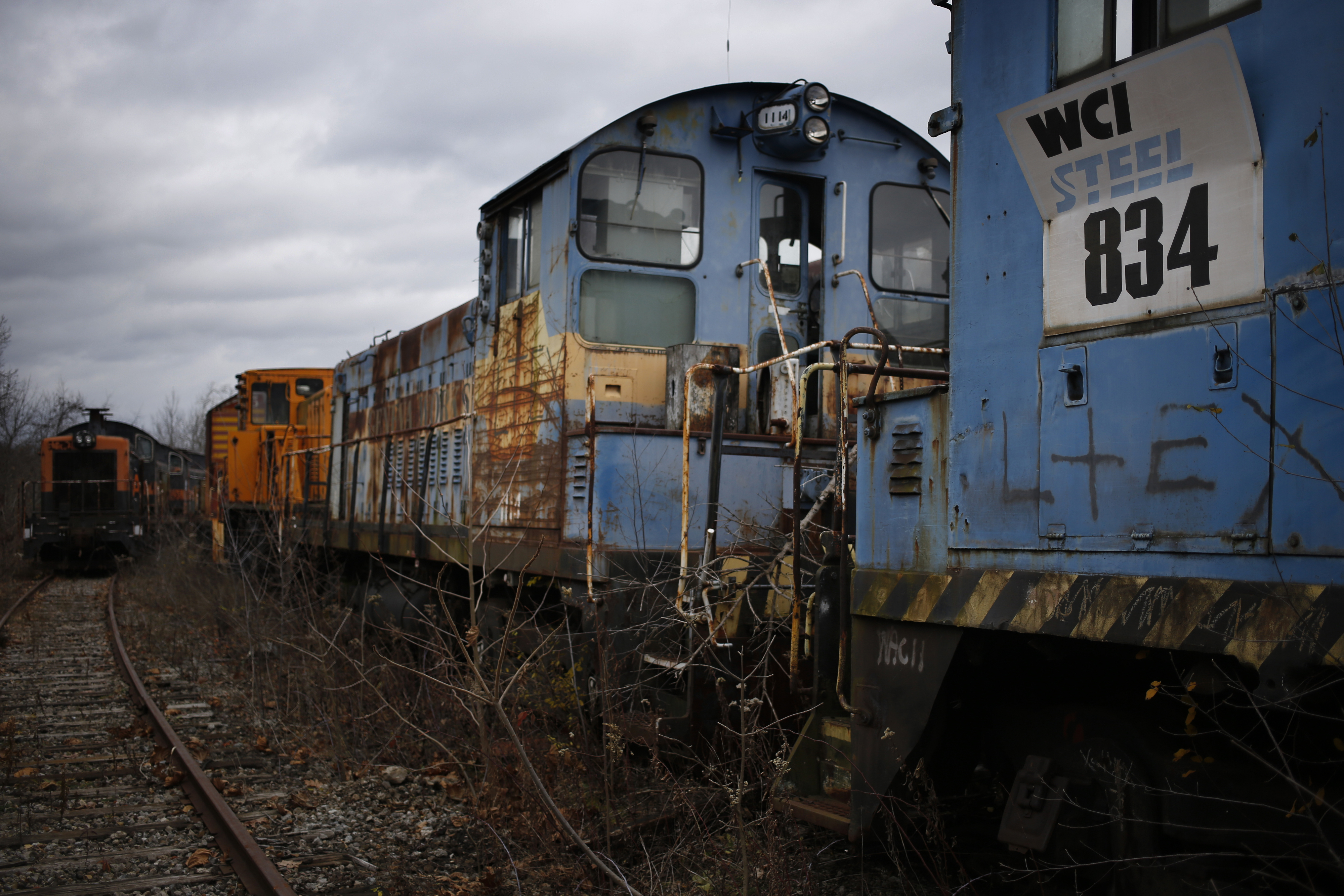Abandoned switching locomotives sit parked on the grounds of the former U.S. Steel McDonald Works steel mill near Youngstown in Campbell, Ohio, U.S., on Tuesday, Dec. 1, 2016. (Luke Sharrett&mdash;Bloomberg / Getty Images)