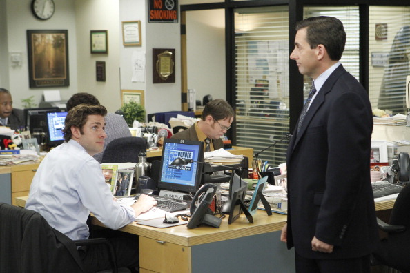John Krasinski as Jim Halpert, Rainn Wilson as Dwight Schrute and Steve Carell as Michael Scott in 'The Office' (Chris Haston/NBC/NBCU Photo Bank via Getty Images)