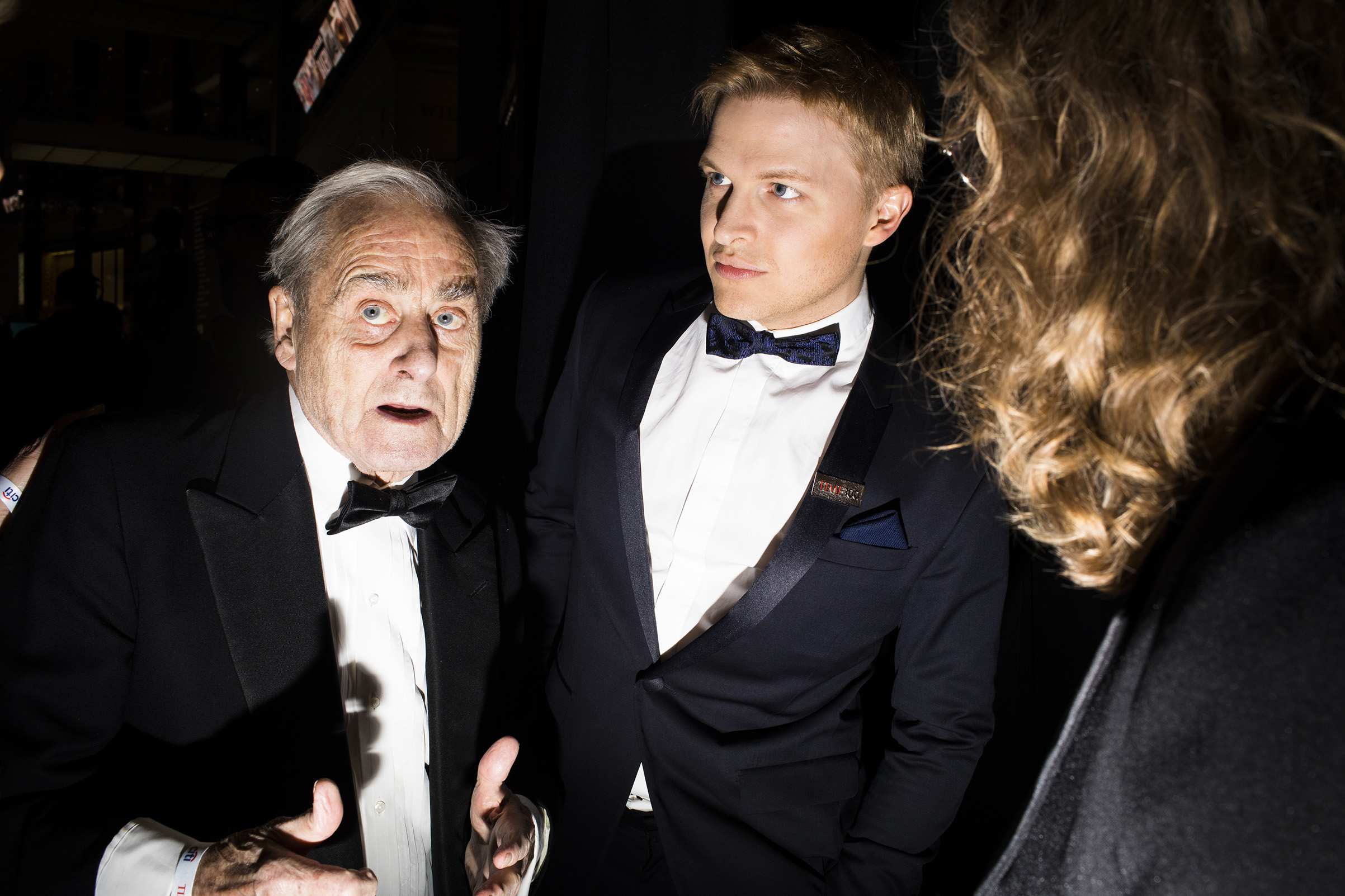 Sir Harold Evans, left, and Ronan Farrow, center, at the Time 100 Gala at Jazz at Lincoln Center on April 24, 2018 in New York City. (Landon Nordeman for TIME)