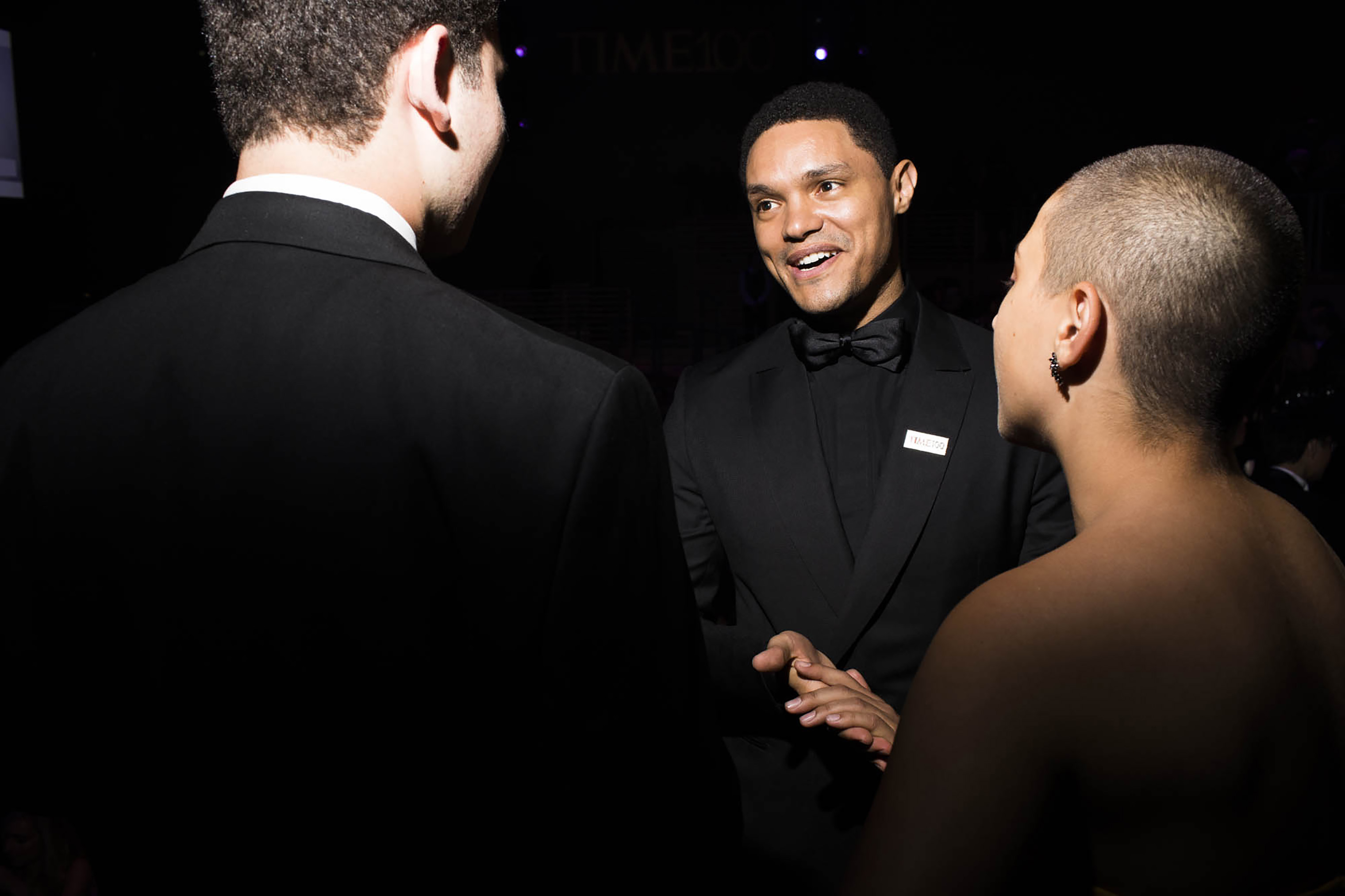 Trevor Noah speaks with Parkland activists Alex Wind and Emma Gonzalez at the Time 100 Gala at Jazz at Lincoln Center on April 24, 2018 in New York City. (Landon Nordeman for TIME)