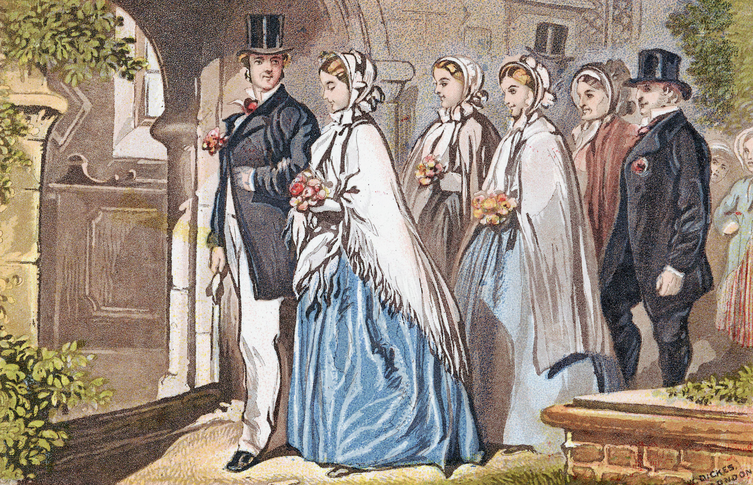 'The Wedding Day.' Illustration of a bridal party at the church door about to enter, c. 1885. (Print Collector/Getty Images)