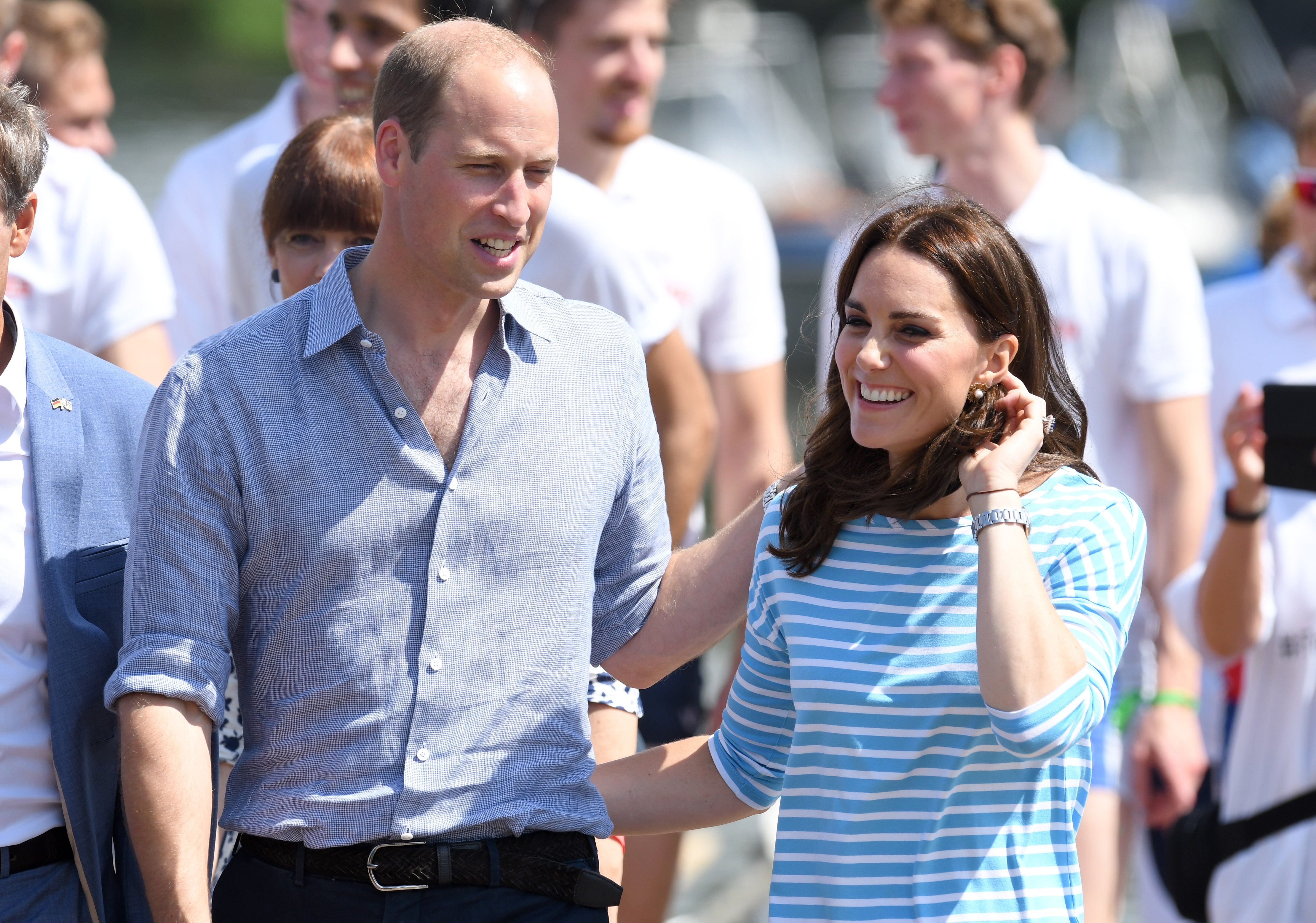 Prince William, Duke of Cambridge and Catherine, Duchess of Cambridge after participating in a rowing race between the twinned town of Cambridge and Heidelberg on day 2 of their official visit to Germany on July 20, 2017 in Heidelberg, Germany. (Karwai Tang—WireImage/Getty Images)