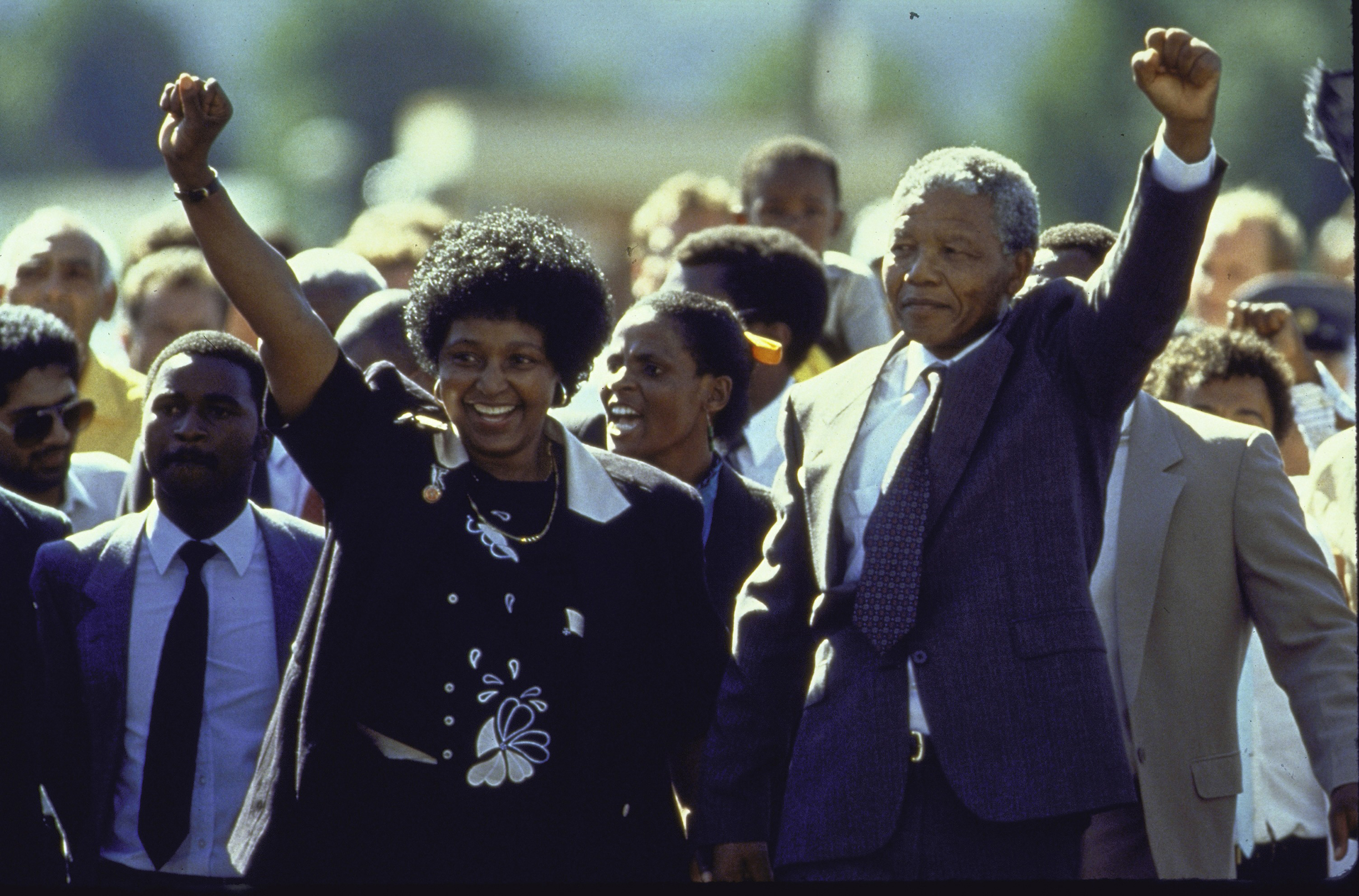 Madikizela-Mandela and her husband Nelson Mandela raise their fists in 1990 upon his release from prison after 27 years (Allan Tannenbaum—The LIFE Images Collection/Getty Images)