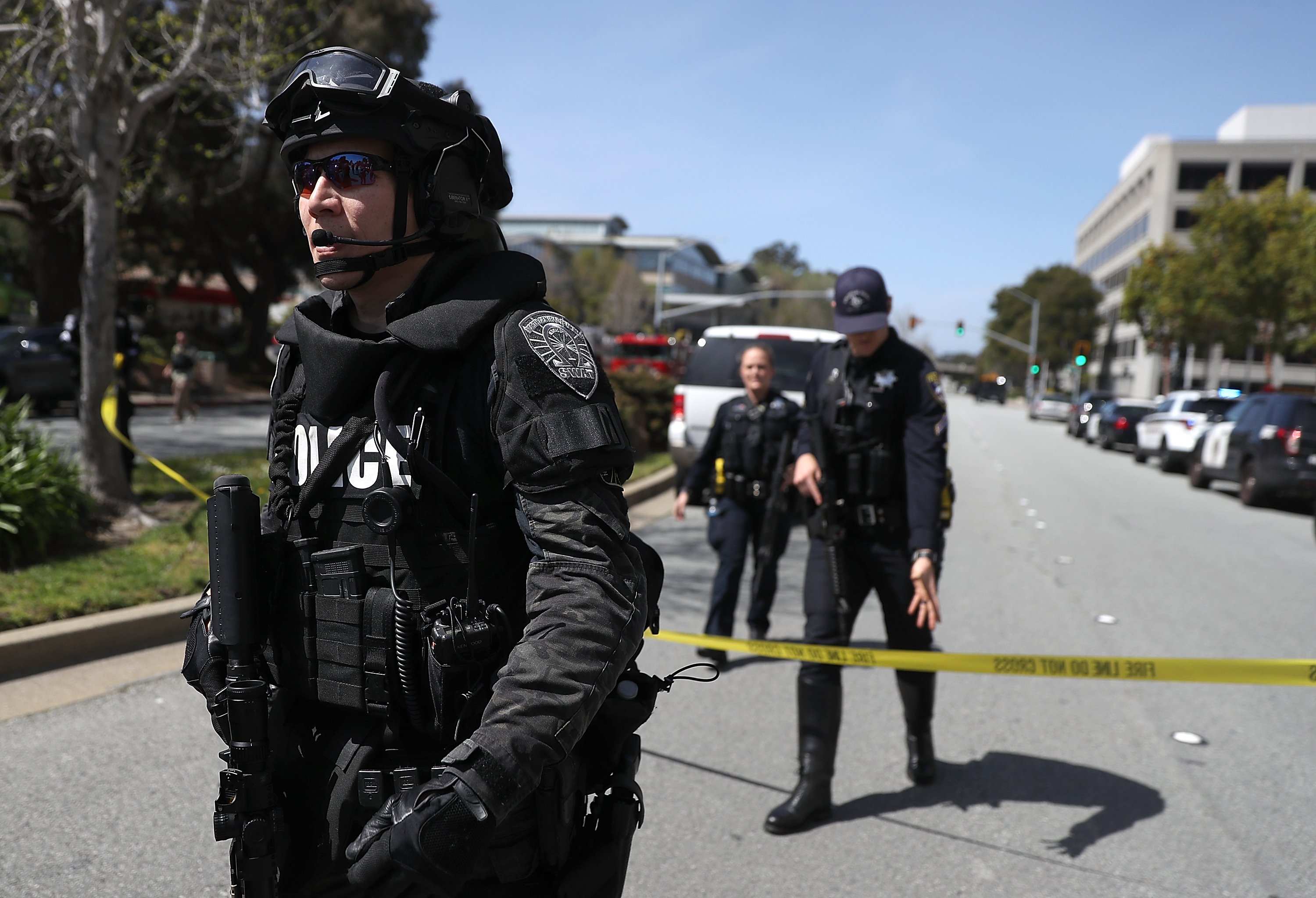 Law enforcement stands watch outside of the YouTube headquarters on April 3, 2018 in San Bruno, California. Justin Sullivan—Getty Images (Justin Sullivan—Getty Images)