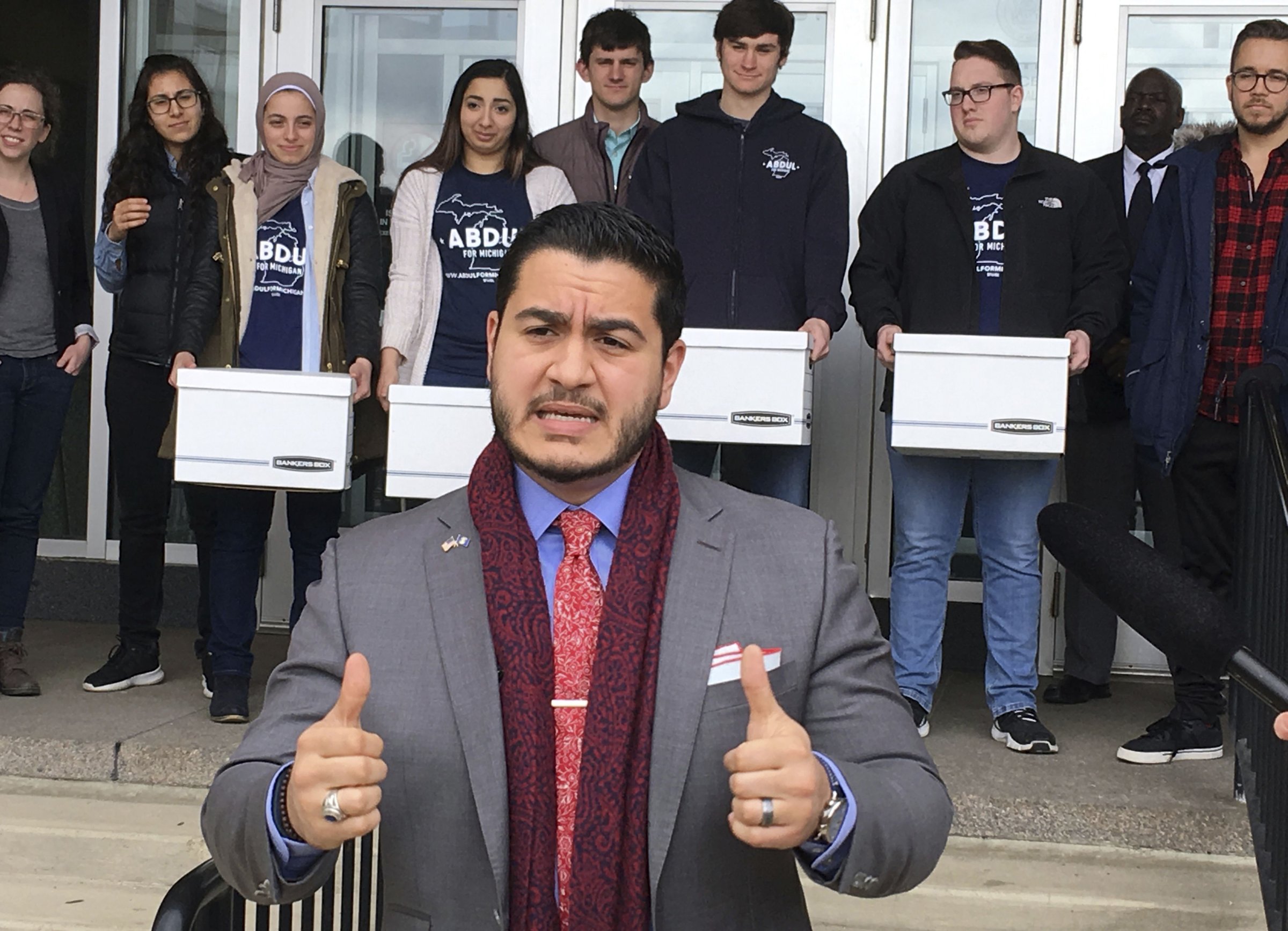 Democratic gubernatorial candidate Abdul El-Sayed speaks before submitting 24,000 nominating petitions to the Michigan Bureau of Elections, in Lansing, Mich.