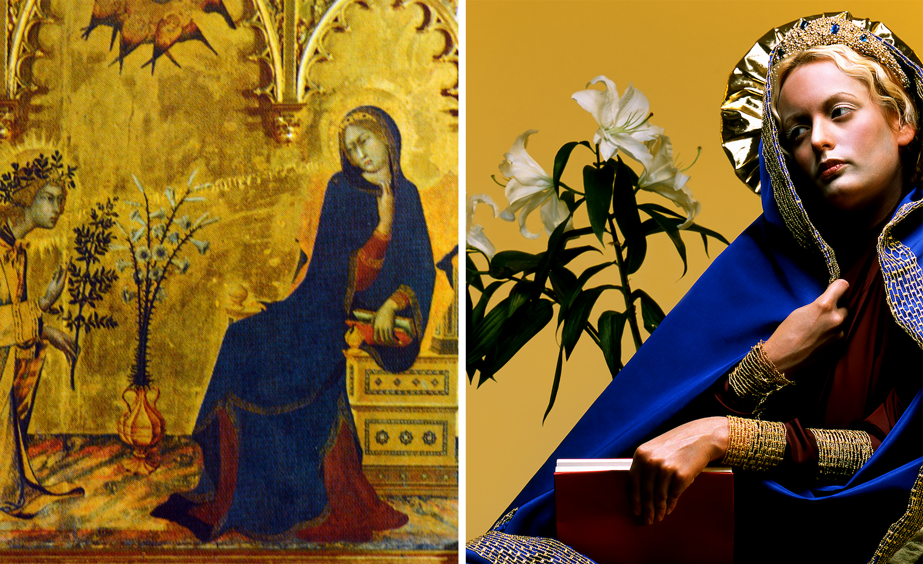 Left: Simone Martini and Lippo Memmi <em>The Annunciation</em> (detail), 1333 (Getty Images); Right: Nika Nesgoda, <em>Annuntiatio</em>, 2002