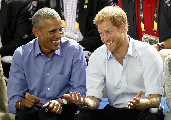 Former U.S. President Barack Obama and Prince Harry share a joke as they watch wheelchair baskeball on day 7 of the Invictus Games 2017 on September 29, 2017 in Toronto, Canada. (Chris Jackson/Getty Images for the Invictus Games Foundation)